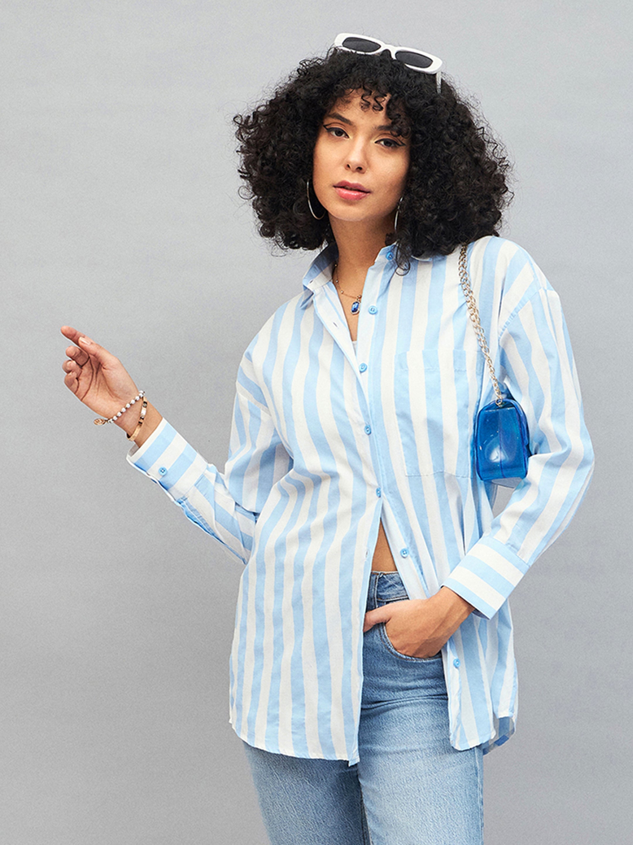 Women Blue & White Cotton Striped Oversized Shirt