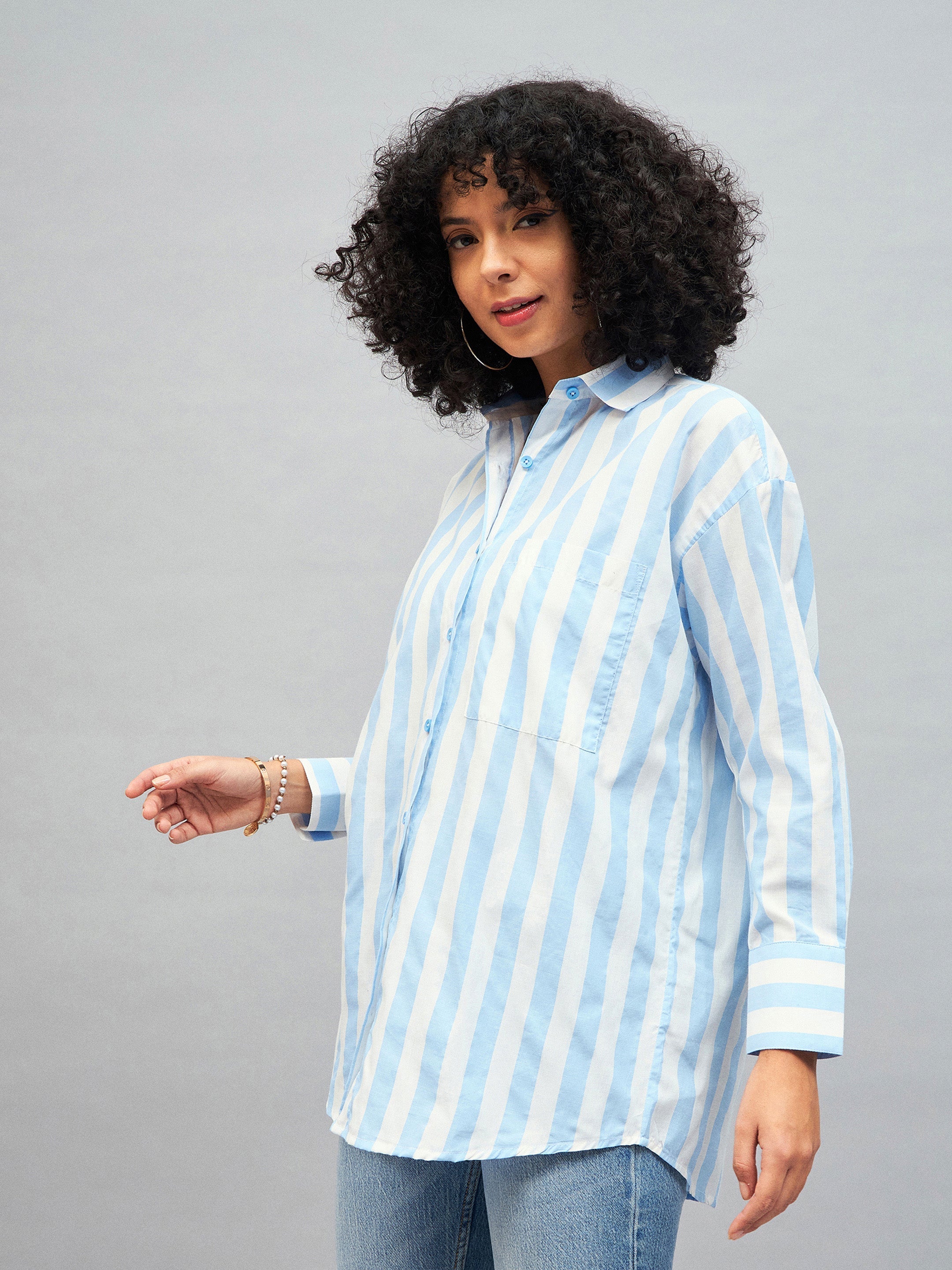 Women Blue & White Cotton Striped Oversized Shirt