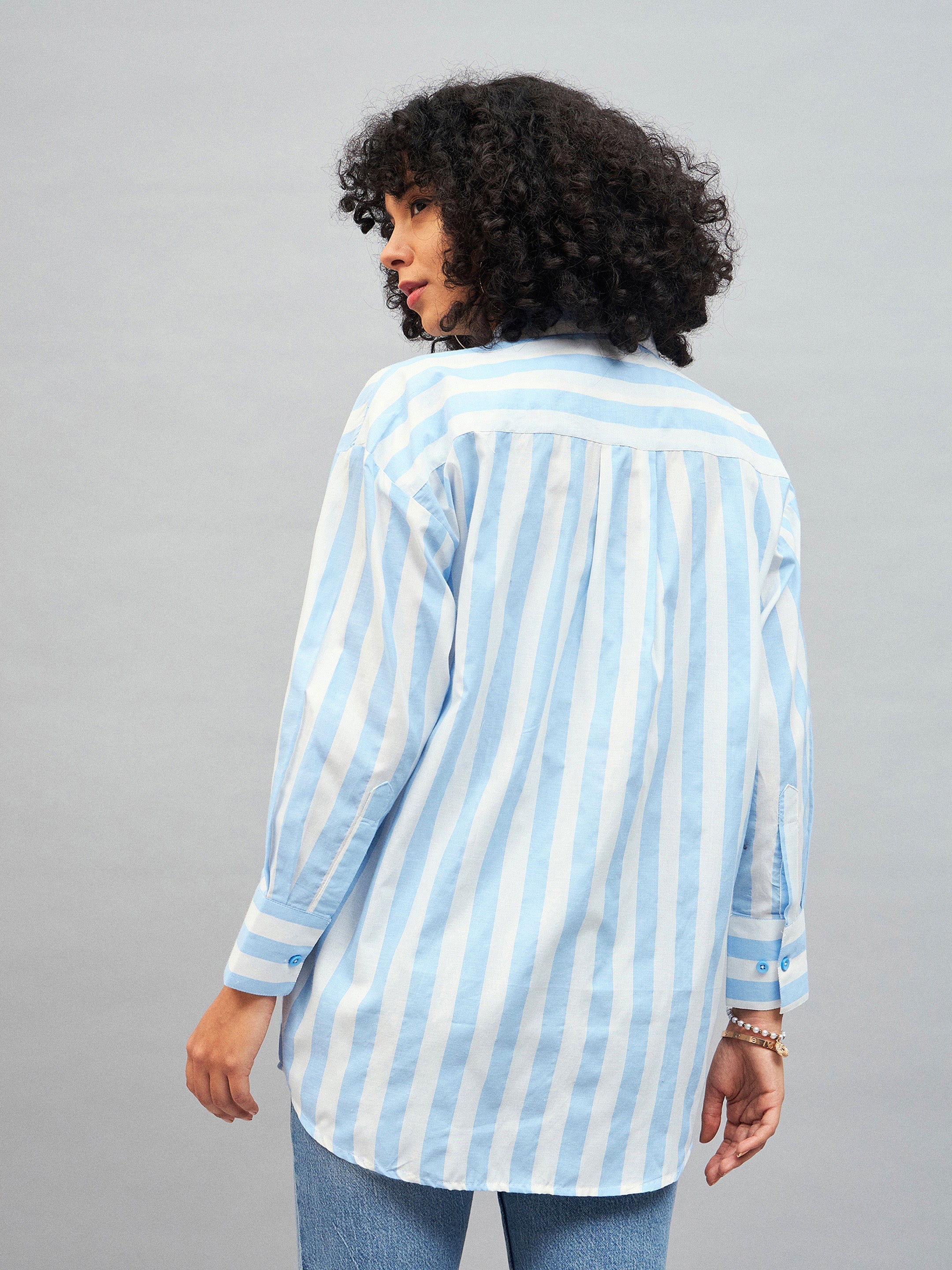 Women Blue & White Cotton Striped Oversized Shirt