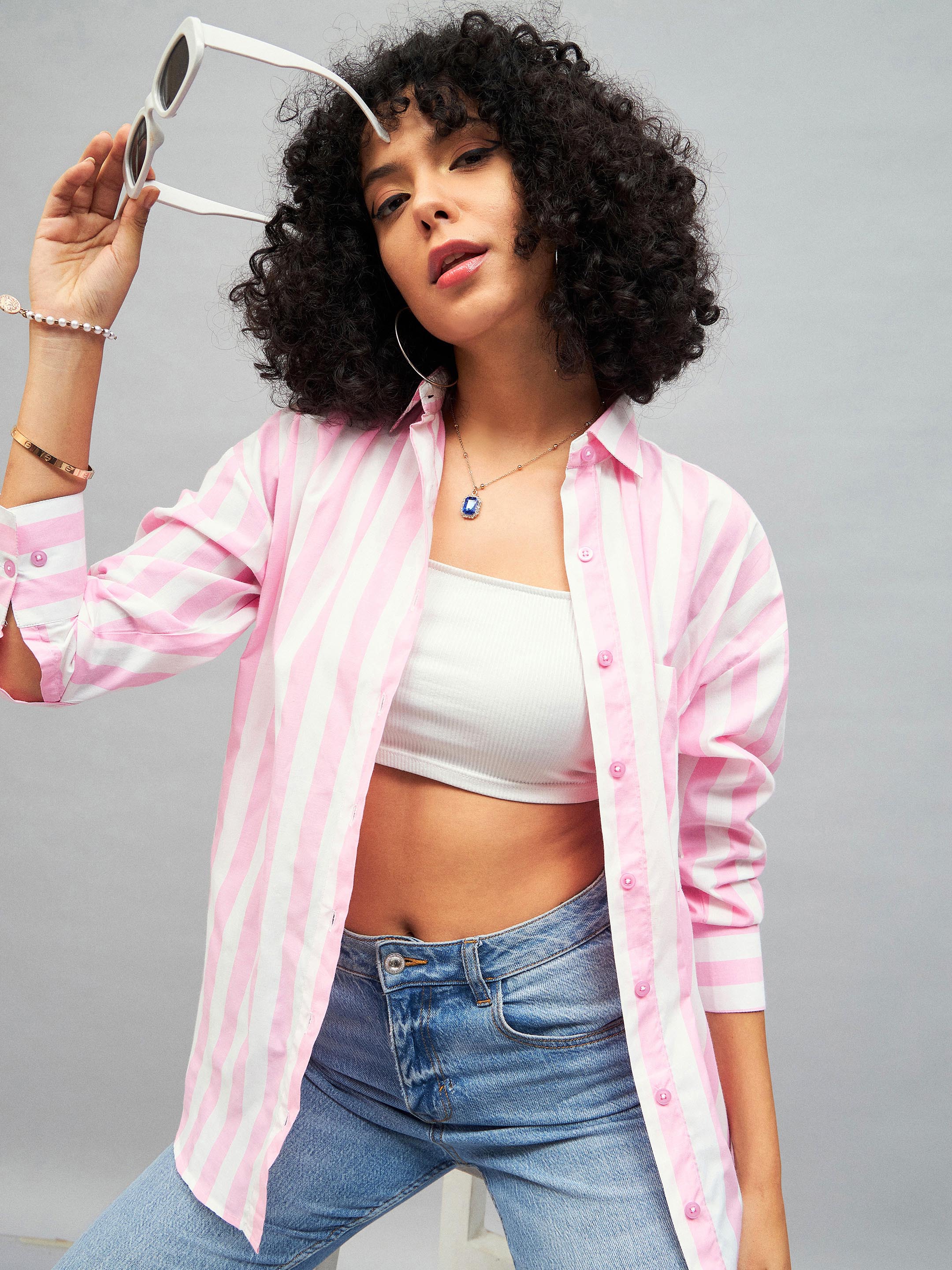 Women Pink & White Cotton Striped Oversized Shirt