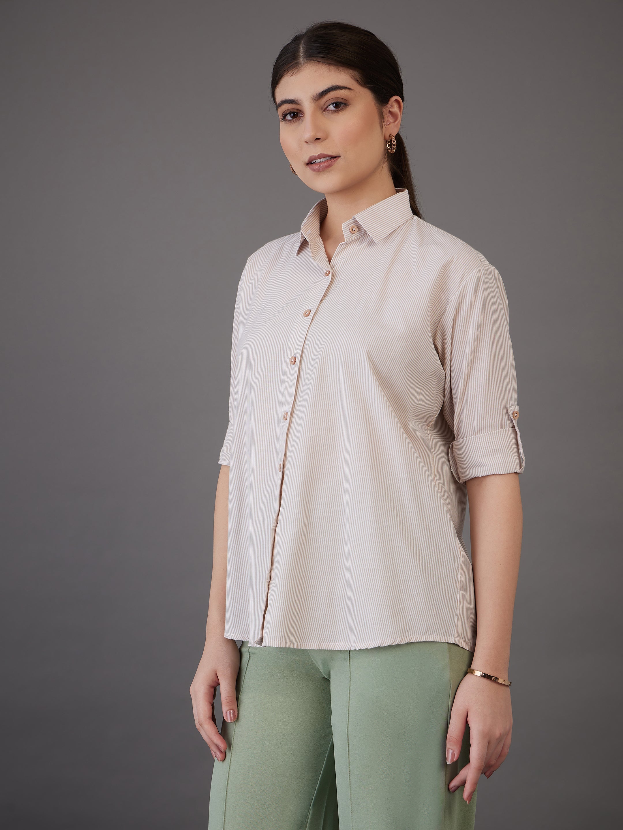 Women Brown Pin Stripes Regular Fit Shirt