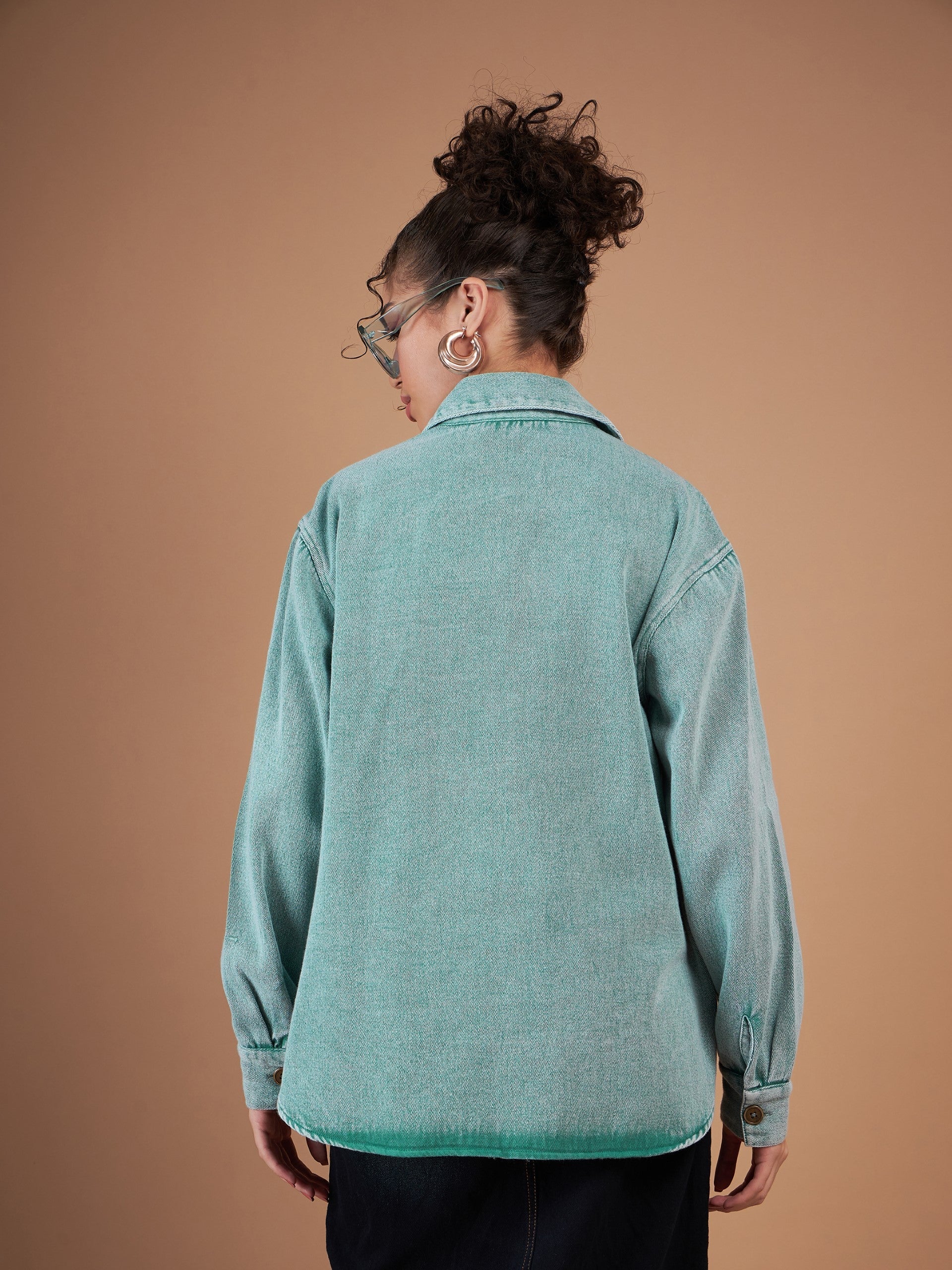 Women Green Washed Denim Shacket