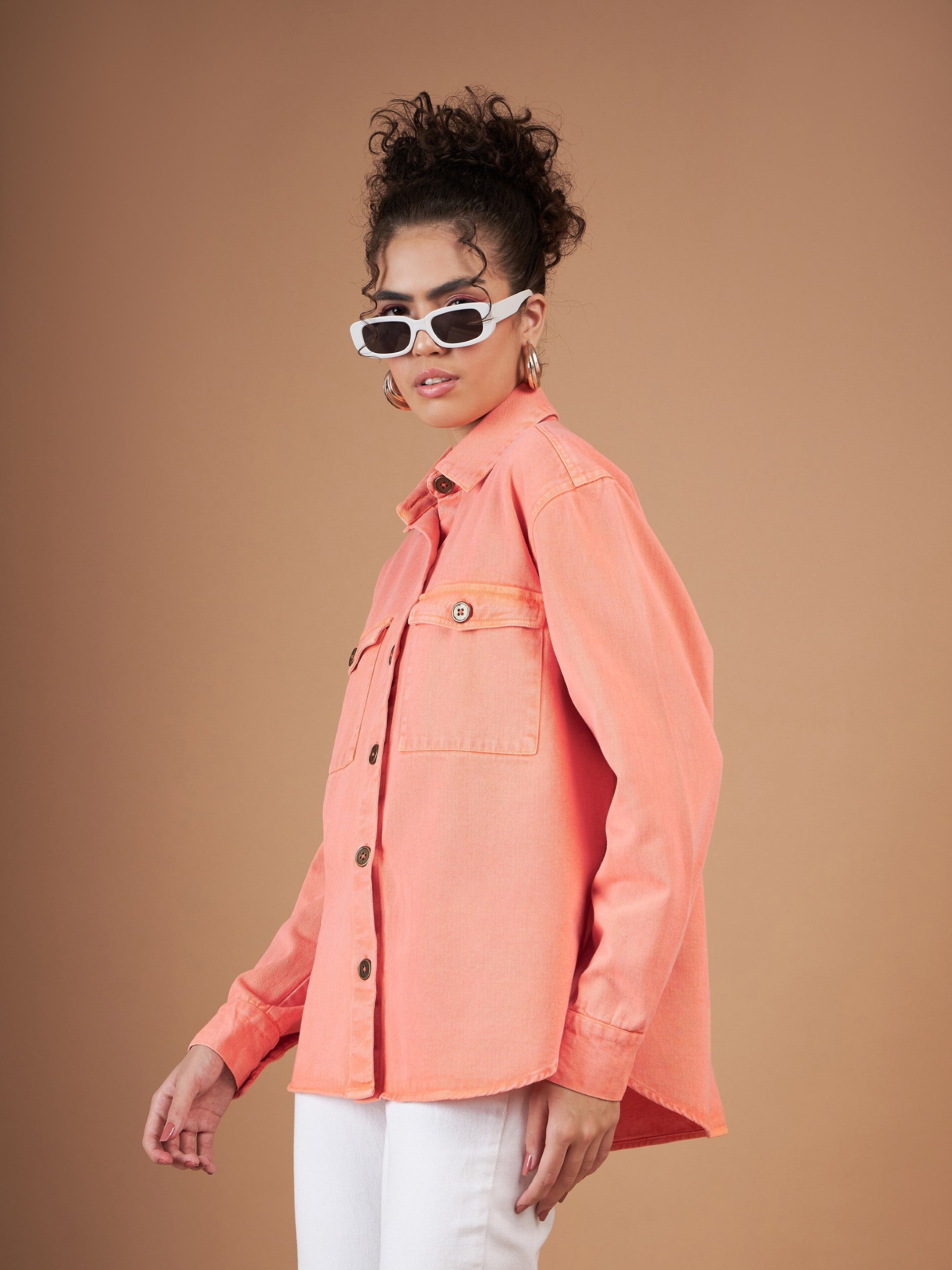 Women Orange Washed Denim Shacket