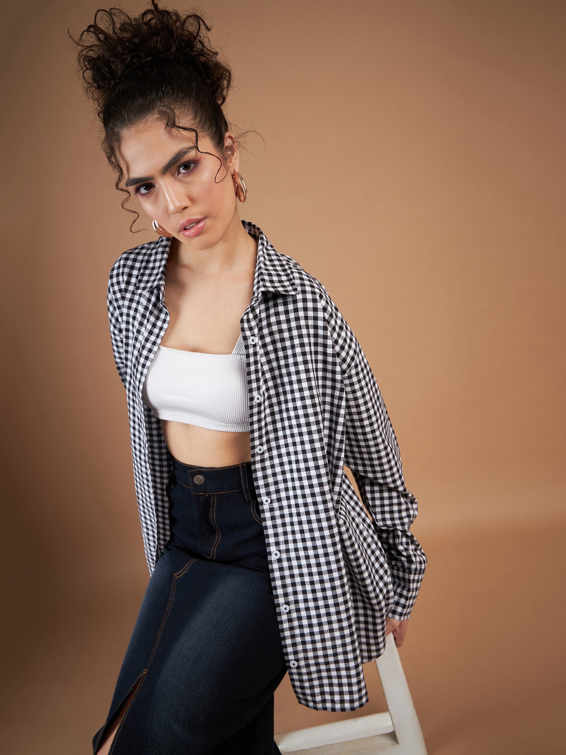 Women Black & White Yarn Dyed Check Oversized Shirt