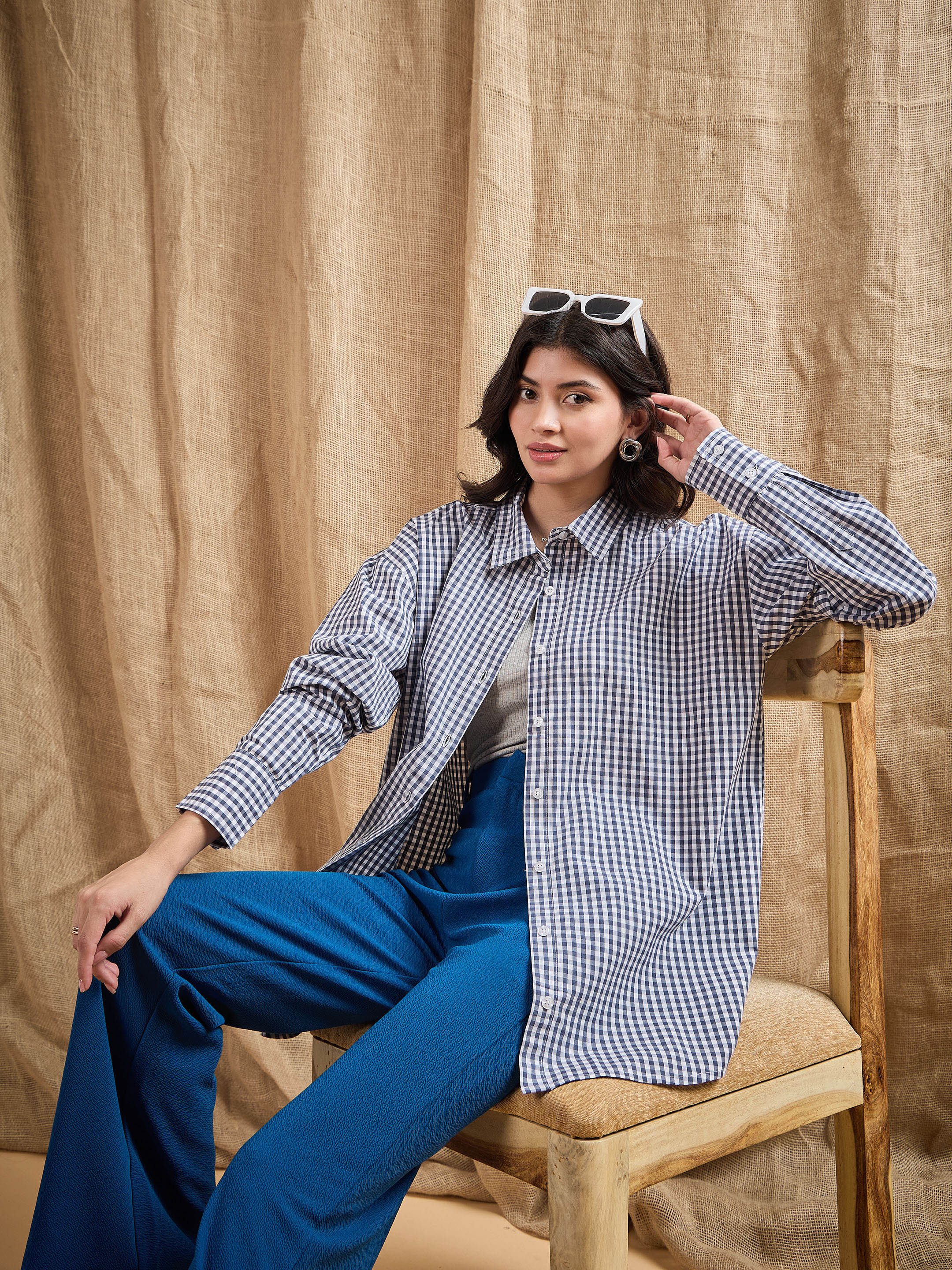 Women Navy & White Yarn Dyed Check Oversized Shirt