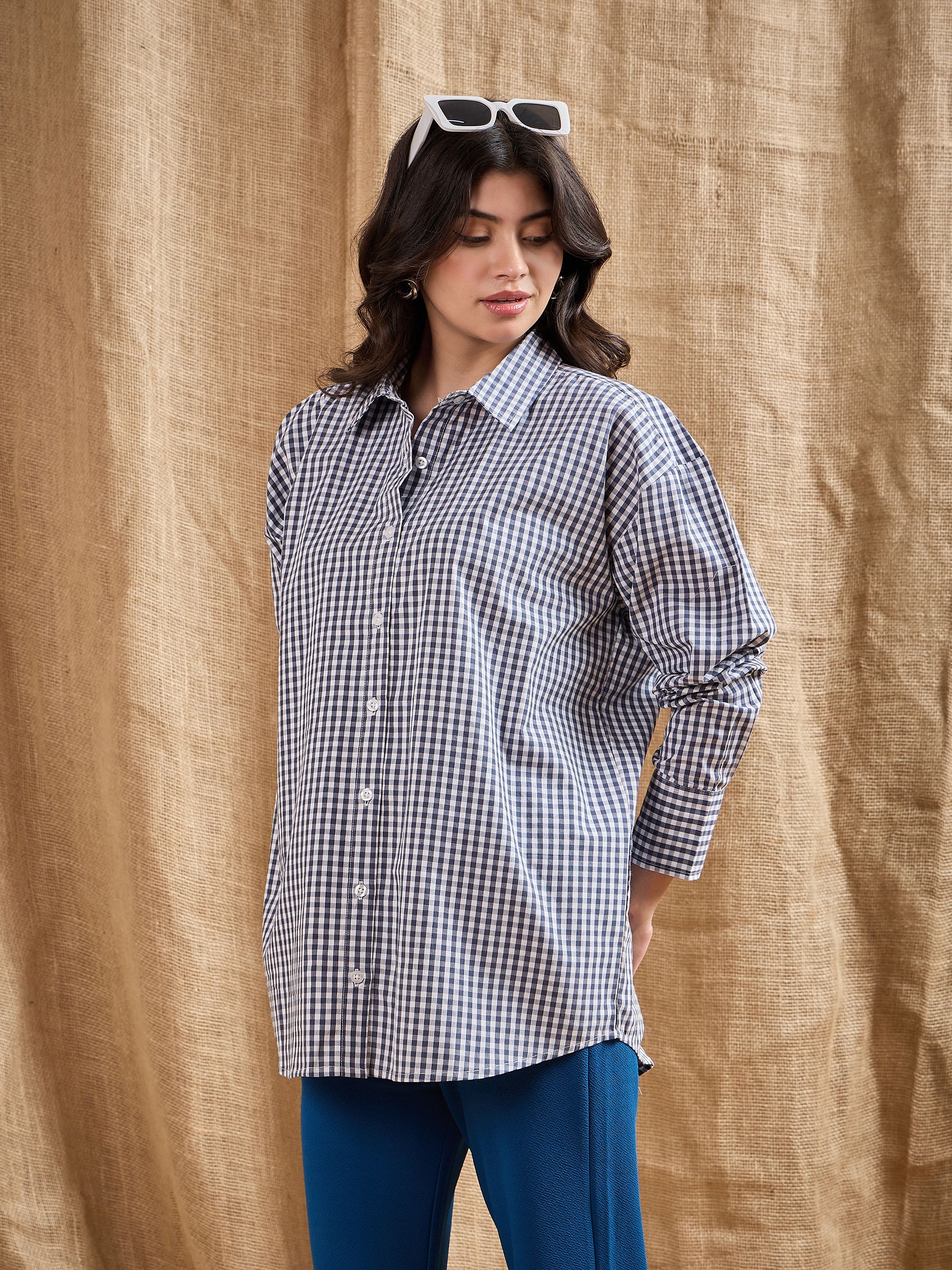 Women Navy & White Yarn Dyed Check Oversized Shirt