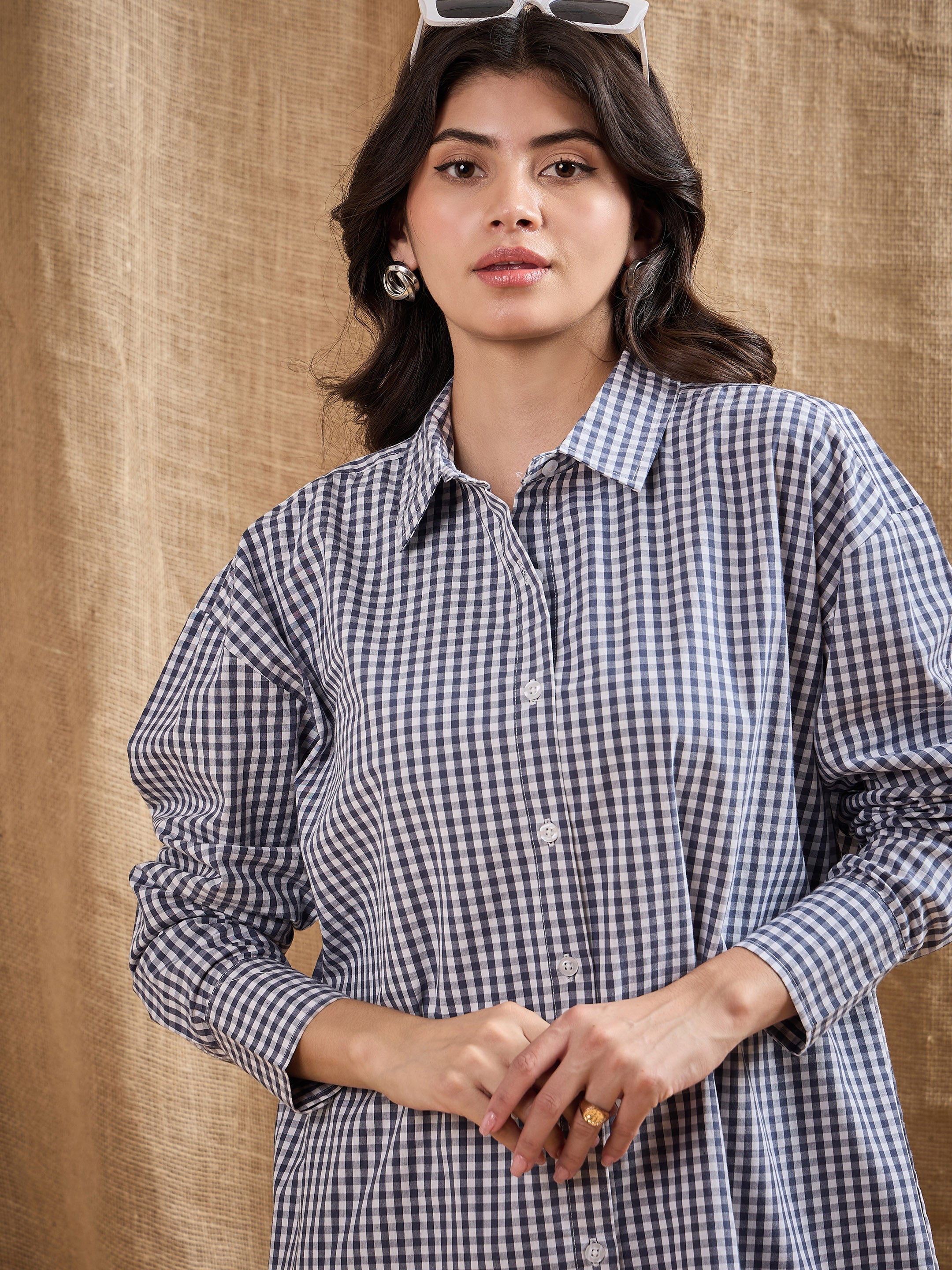 Women Navy & White Yarn Dyed Check Oversized Shirt