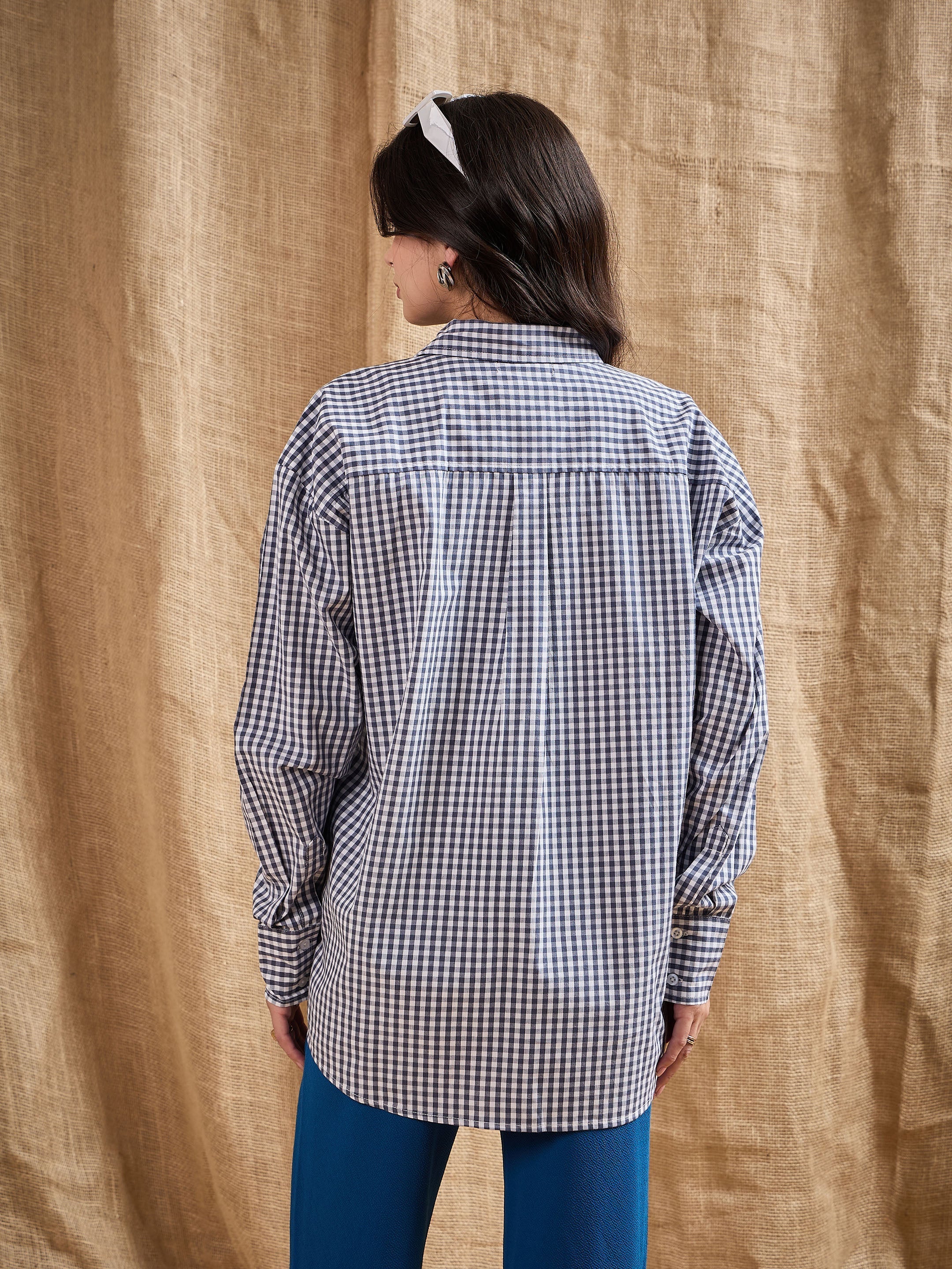 Women Navy & White Yarn Dyed Check Oversized Shirt