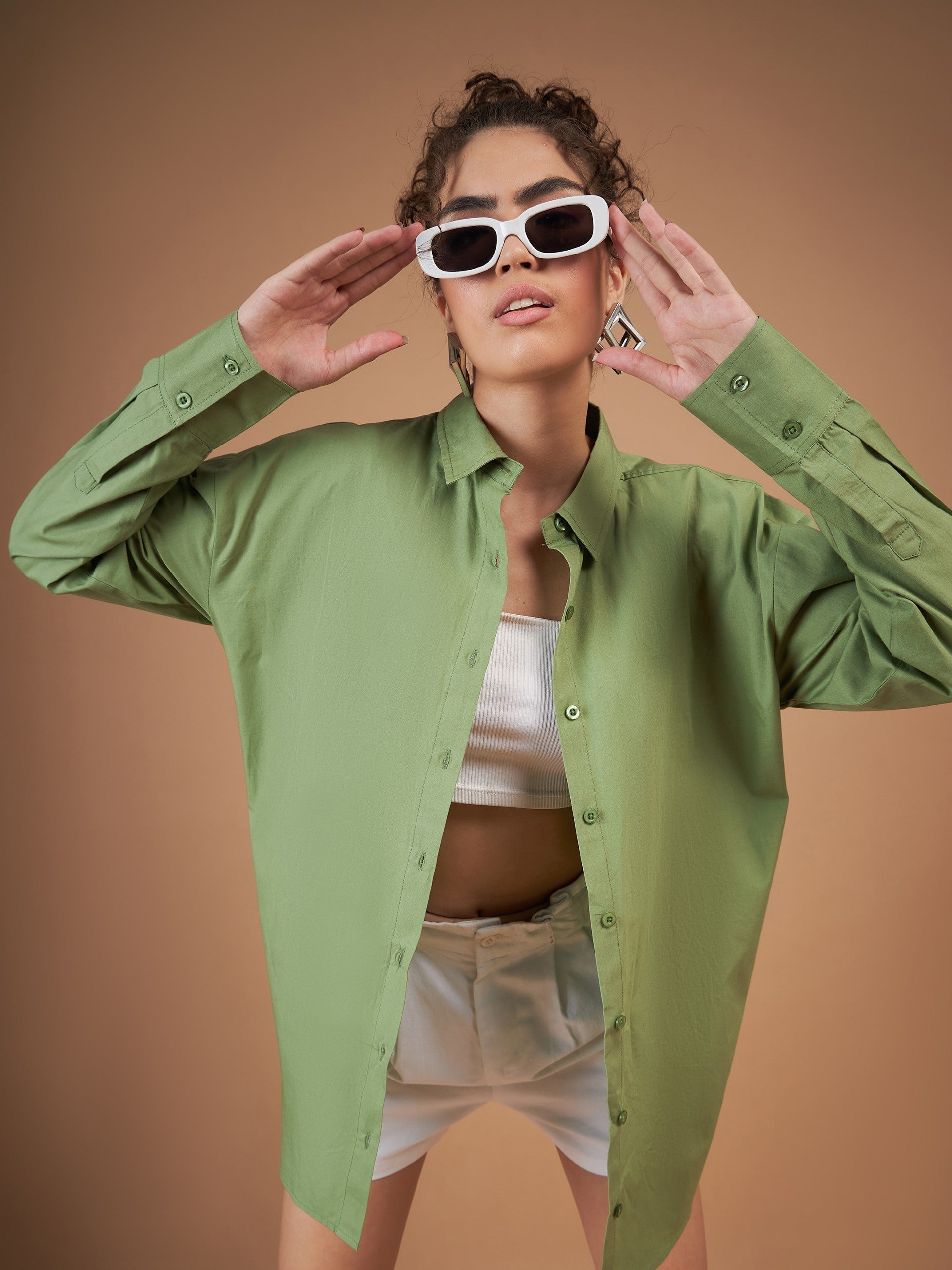 Women Olive Cotton Poplin Oversized Shirt