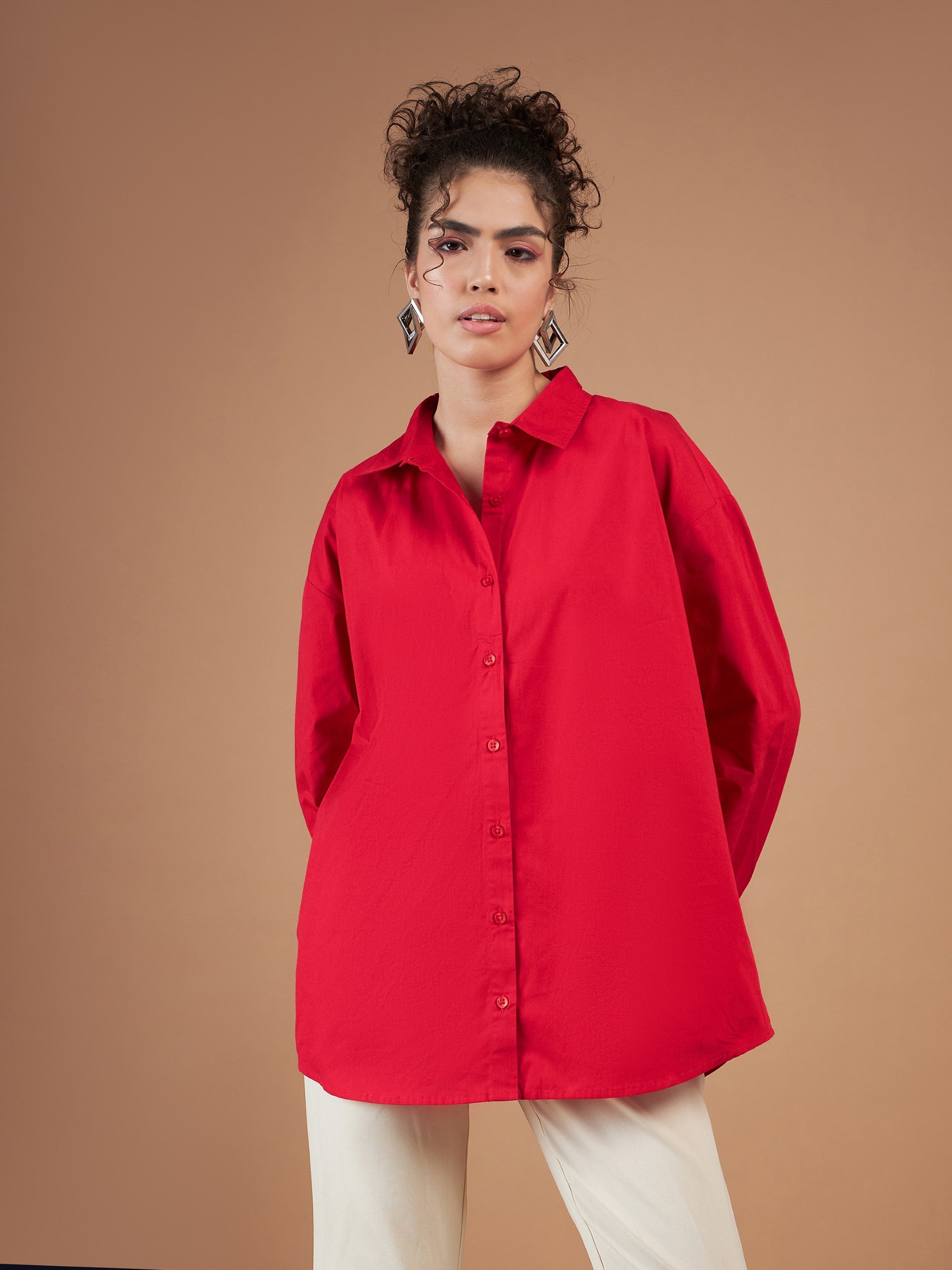 Women Red Cotton Poplin Oversized Shirt