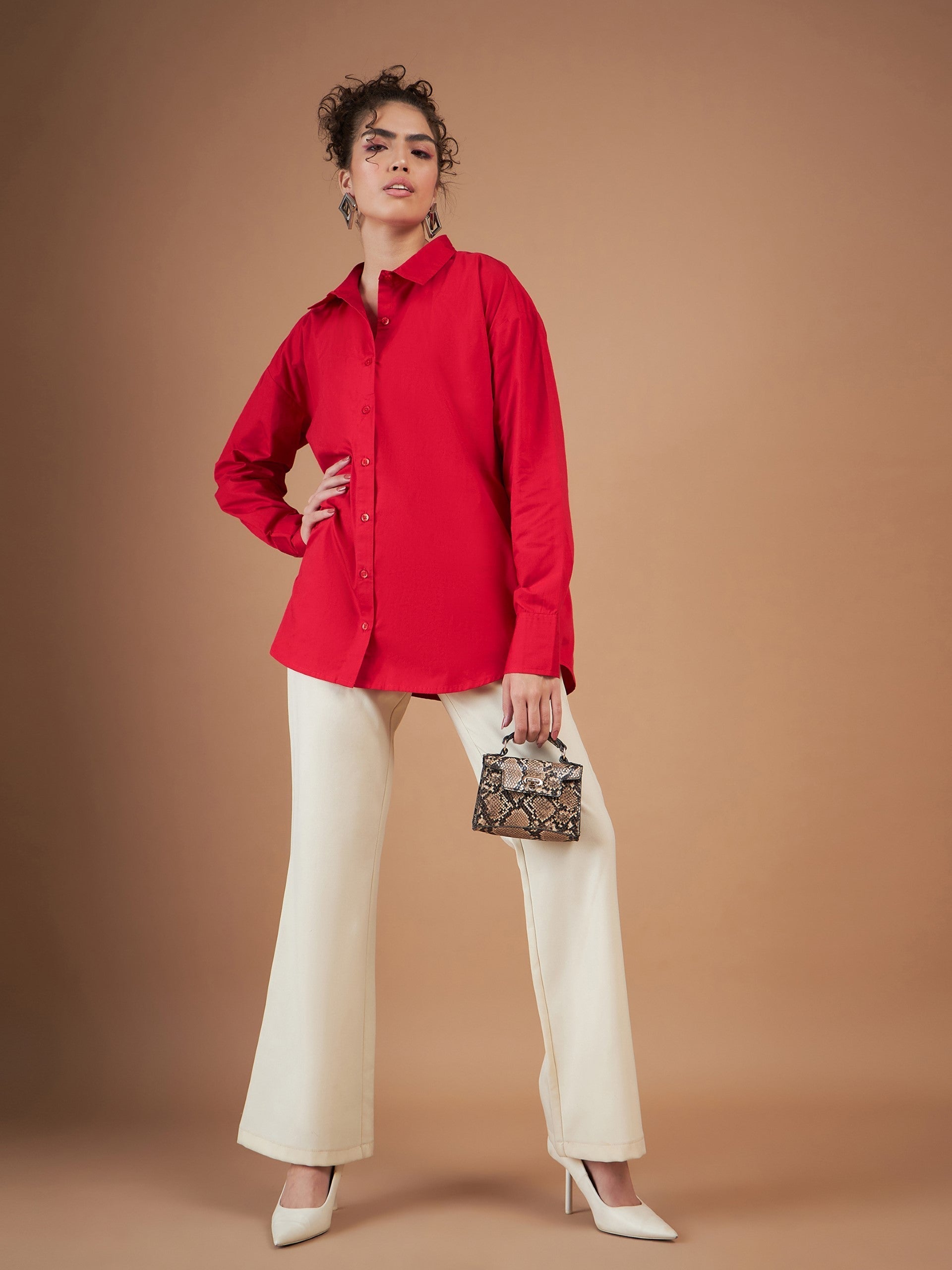 Women Red Cotton Poplin Oversized Shirt