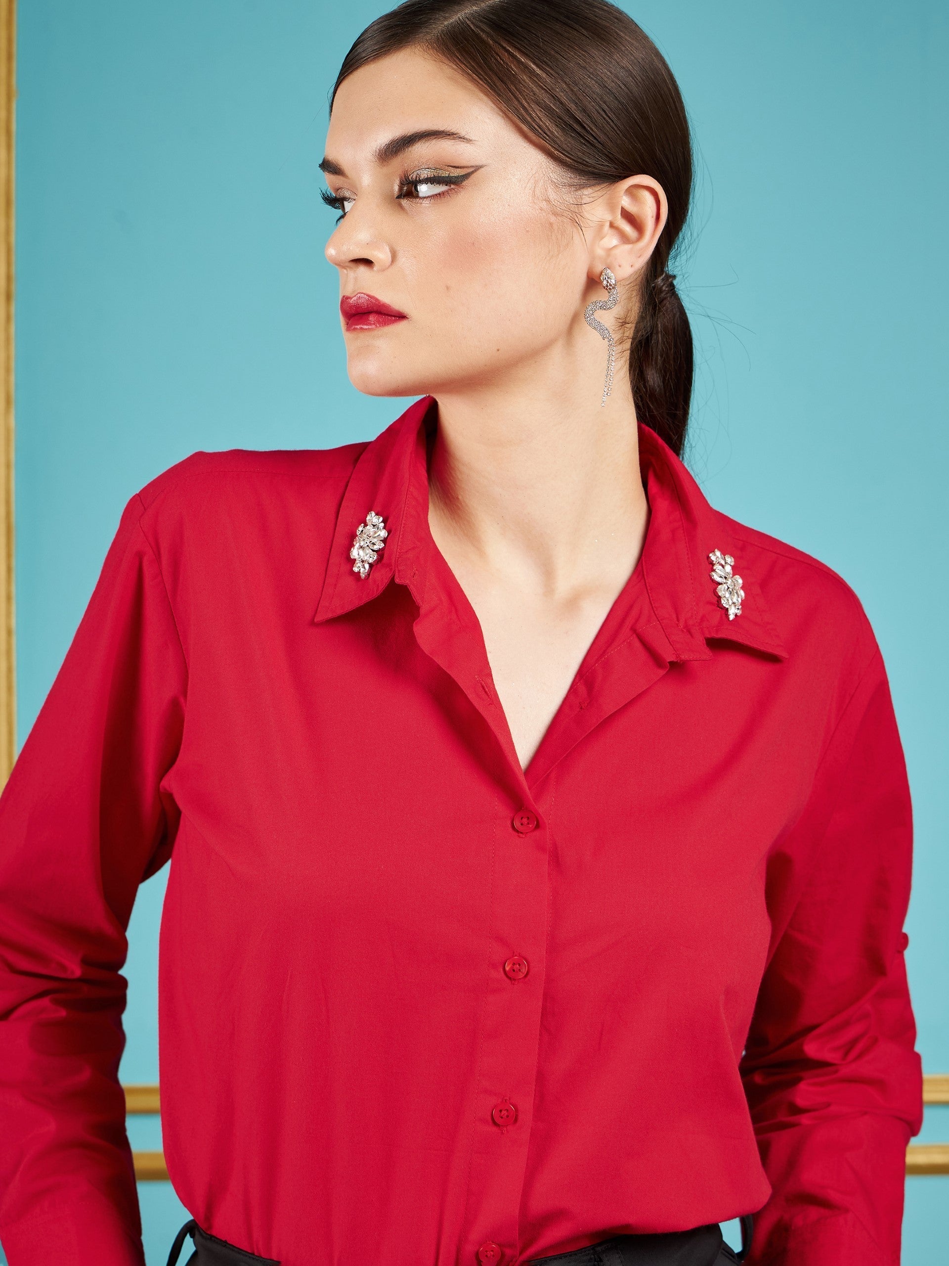 Women Red Poplin Collar Studded Regular Shirt