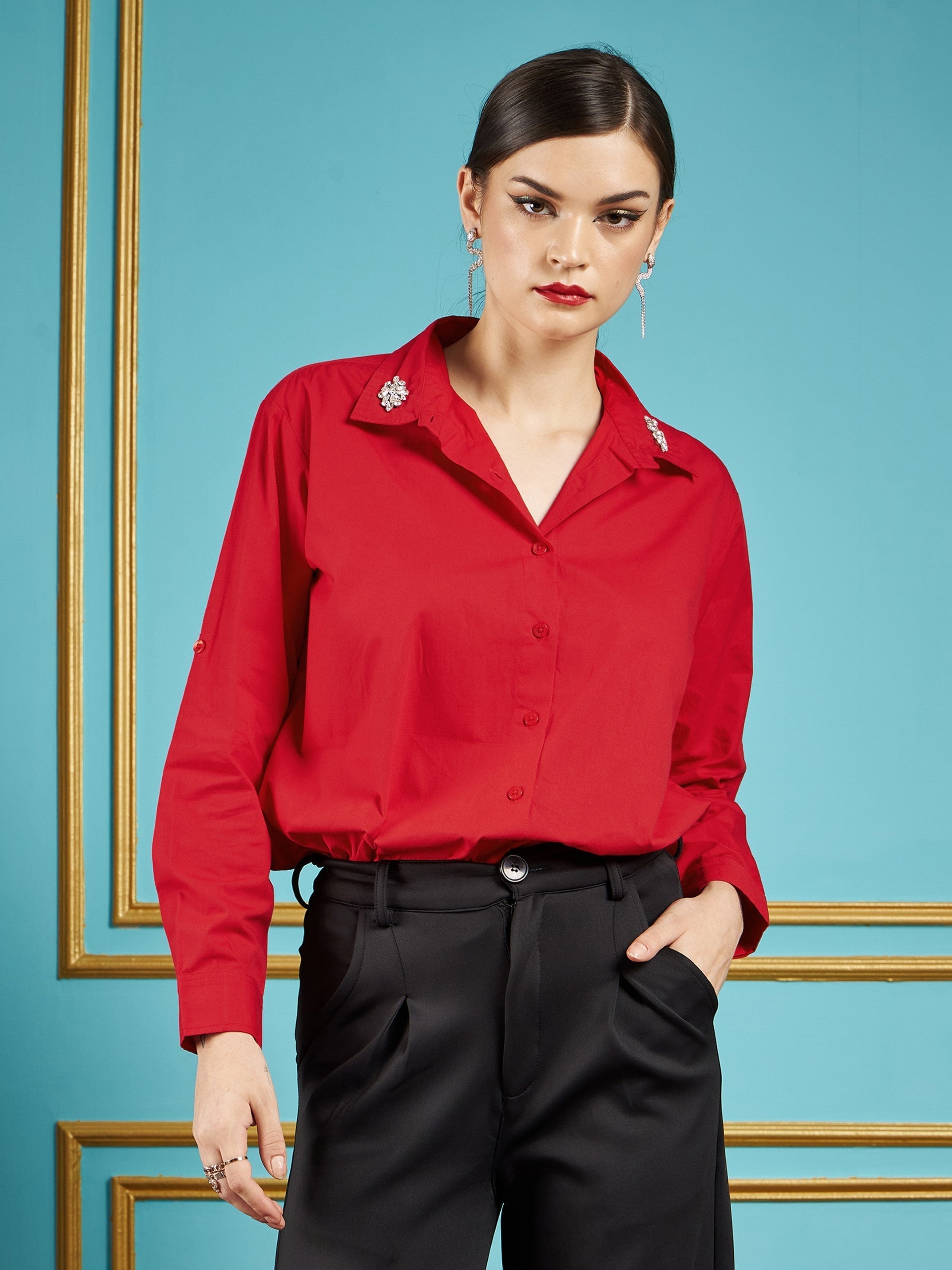 Women Red Poplin Collar Studded Regular Shirt