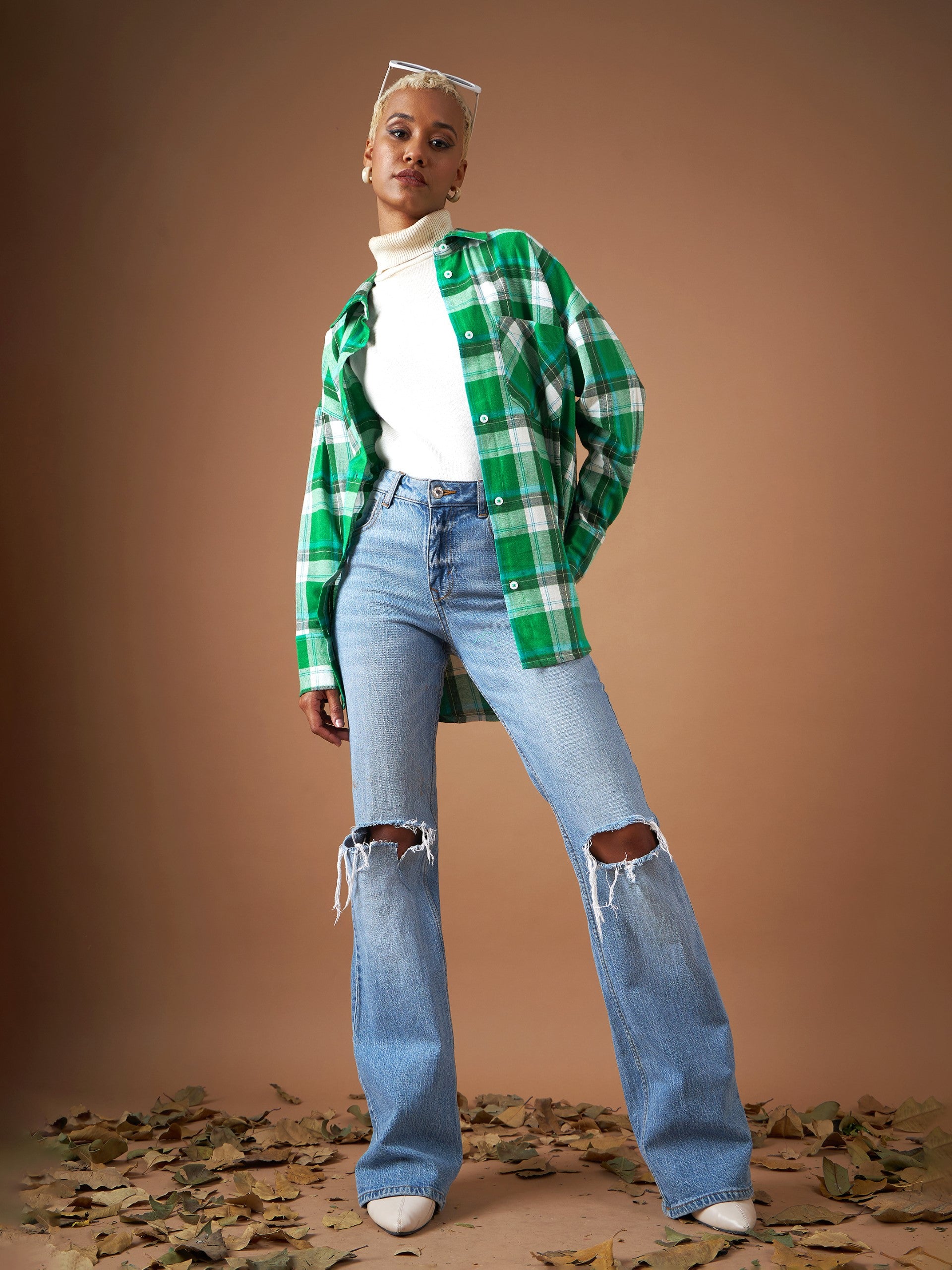 Women Green Yarndyed Check Oversized Shirt