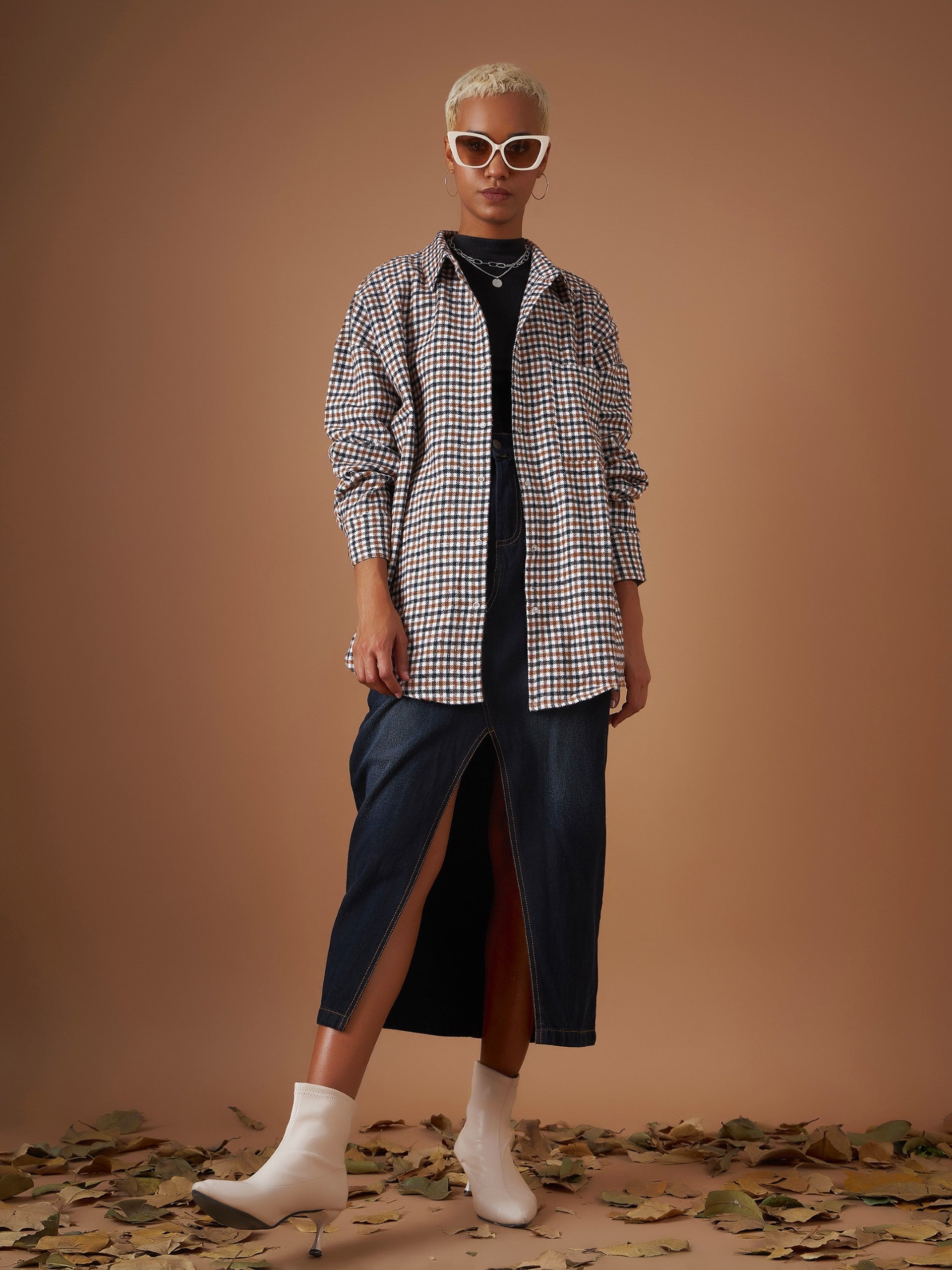 Women Brown Flannel Check Oversized Shirt