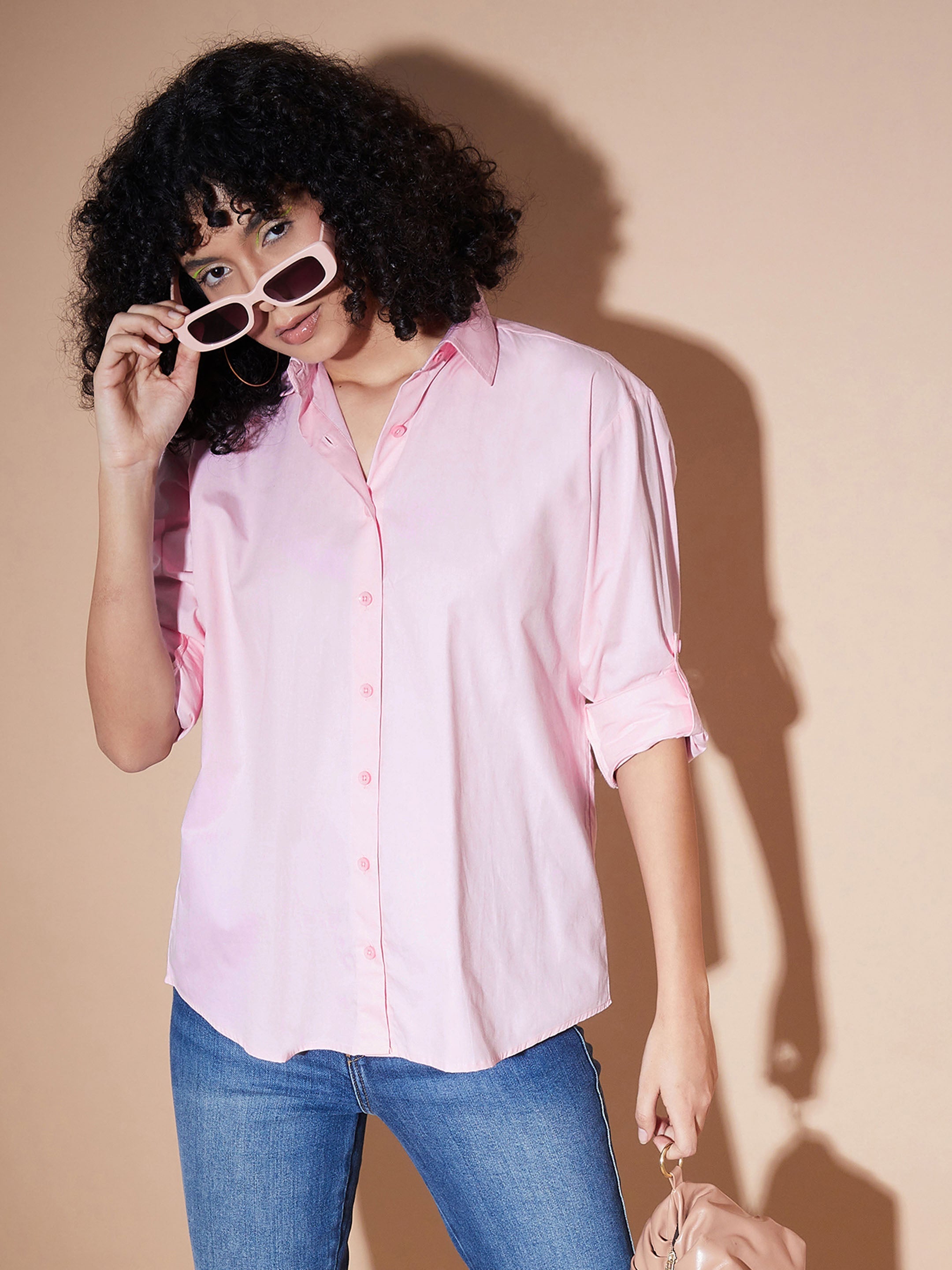 Women Pink Poplin Oversized Shirt