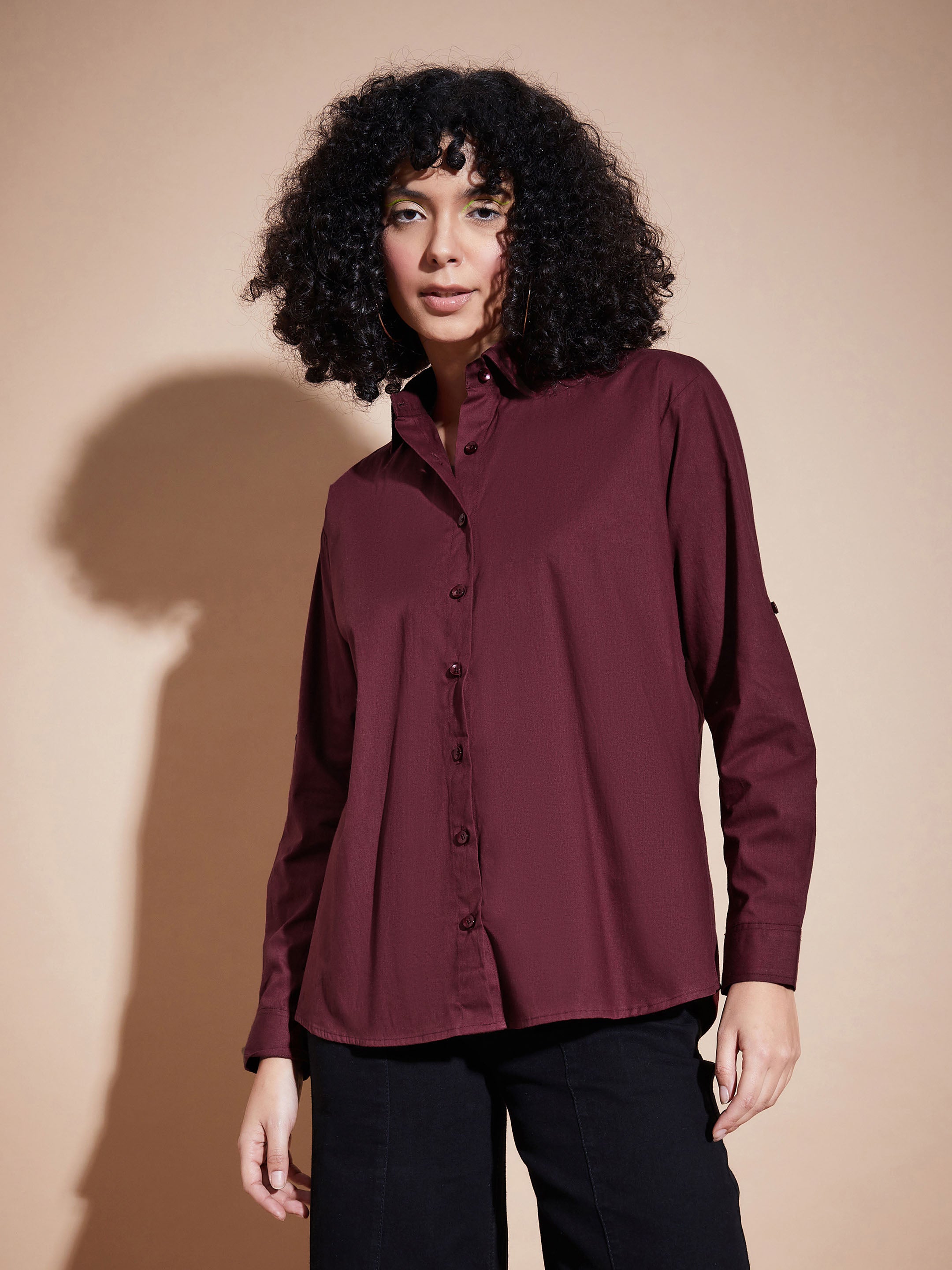 Women Maroon Poplin Oversized Shirt