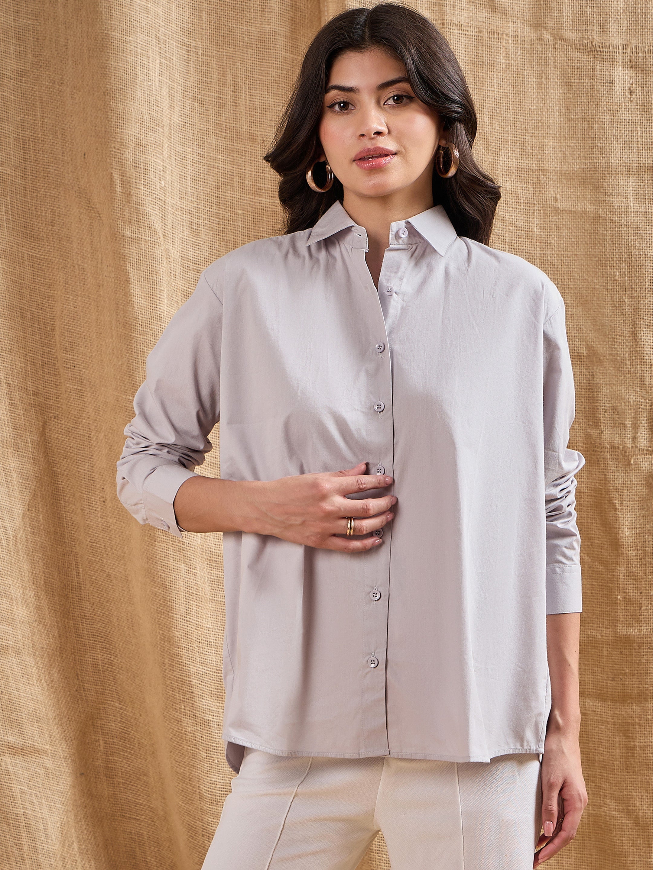 Women Grey Cotton Poplin Back Placket Shirt