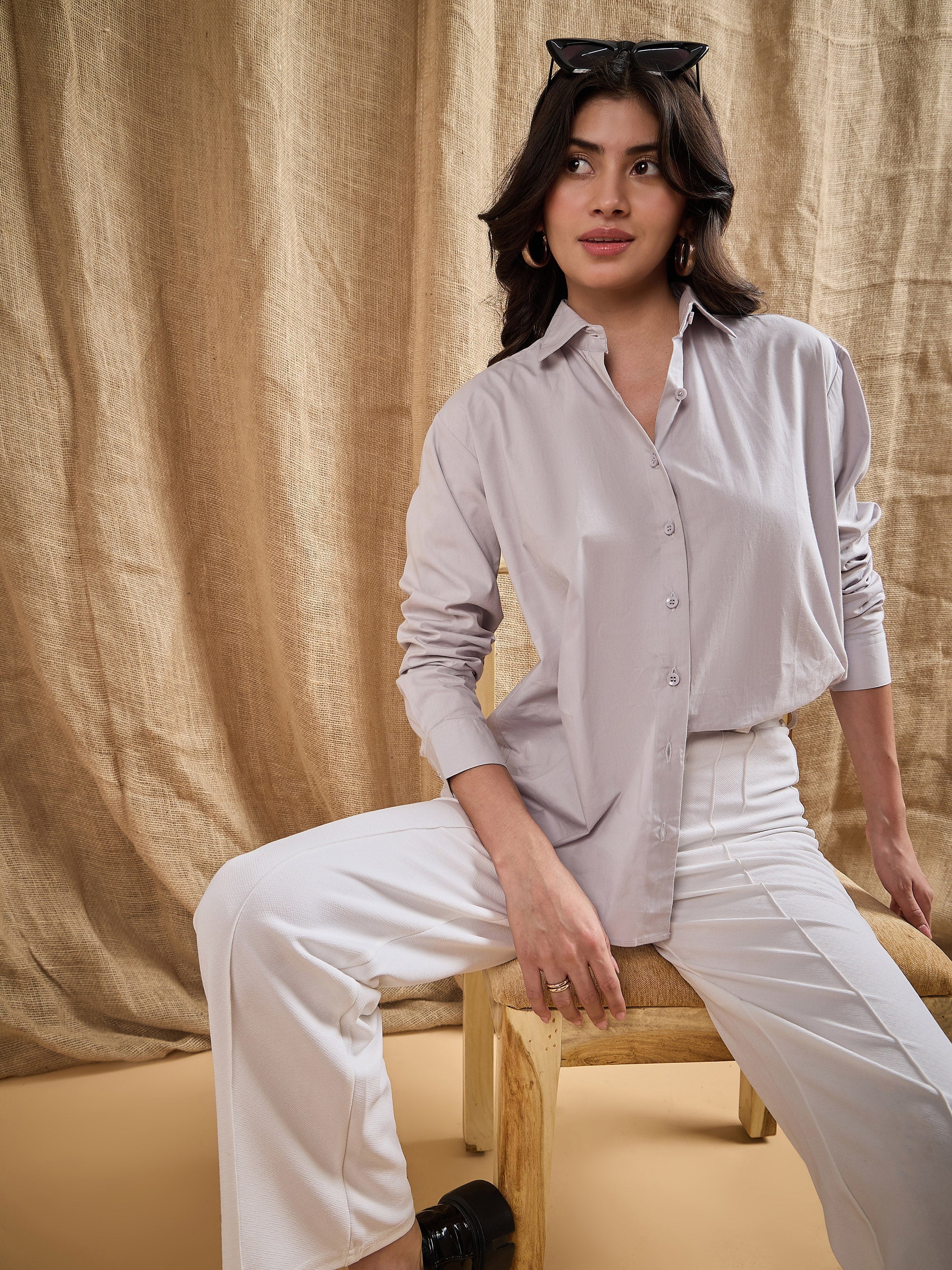 Women Grey Cotton Poplin Back Placket Shirt