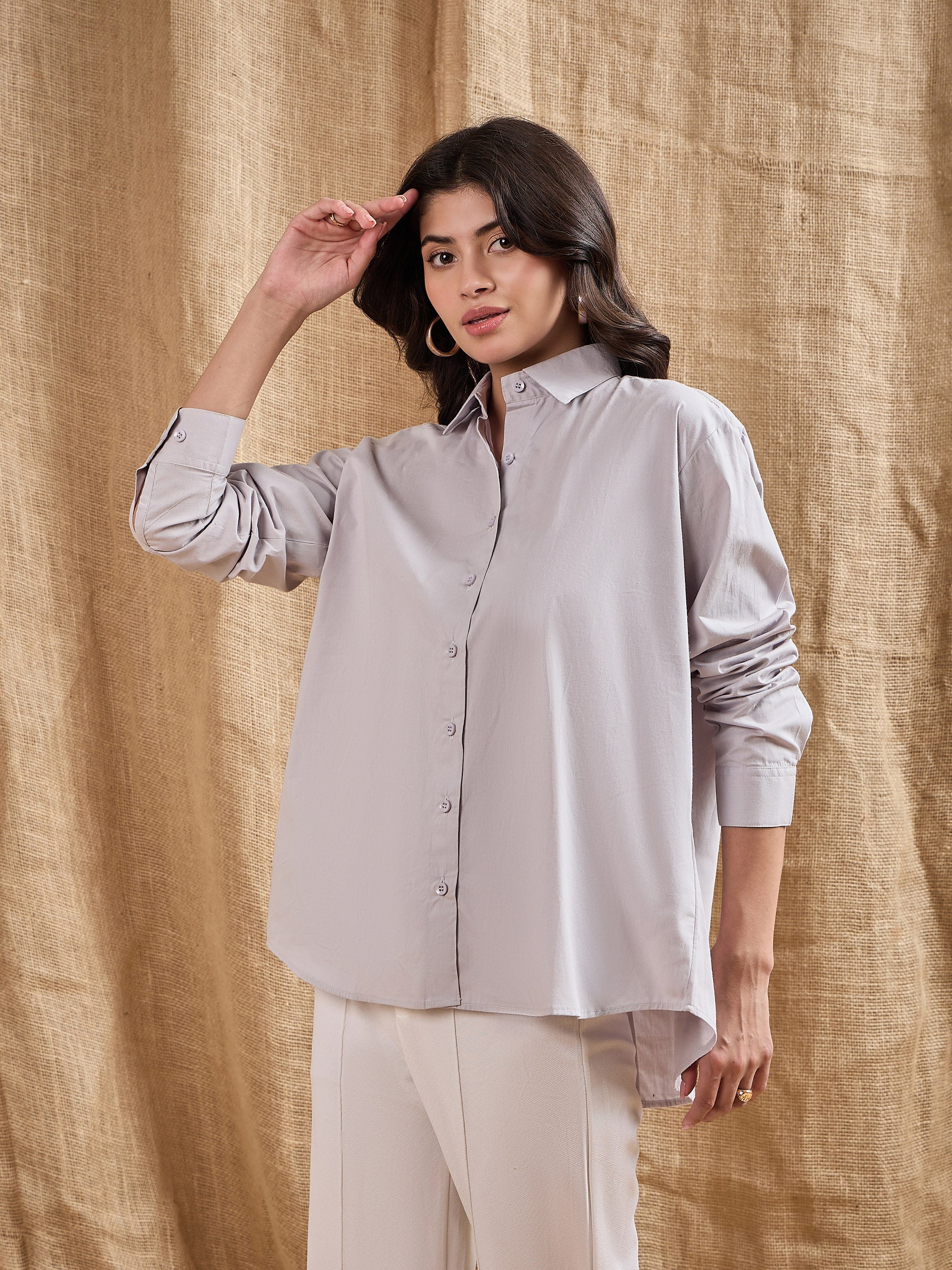 Women Grey Cotton Poplin Back Placket Shirt