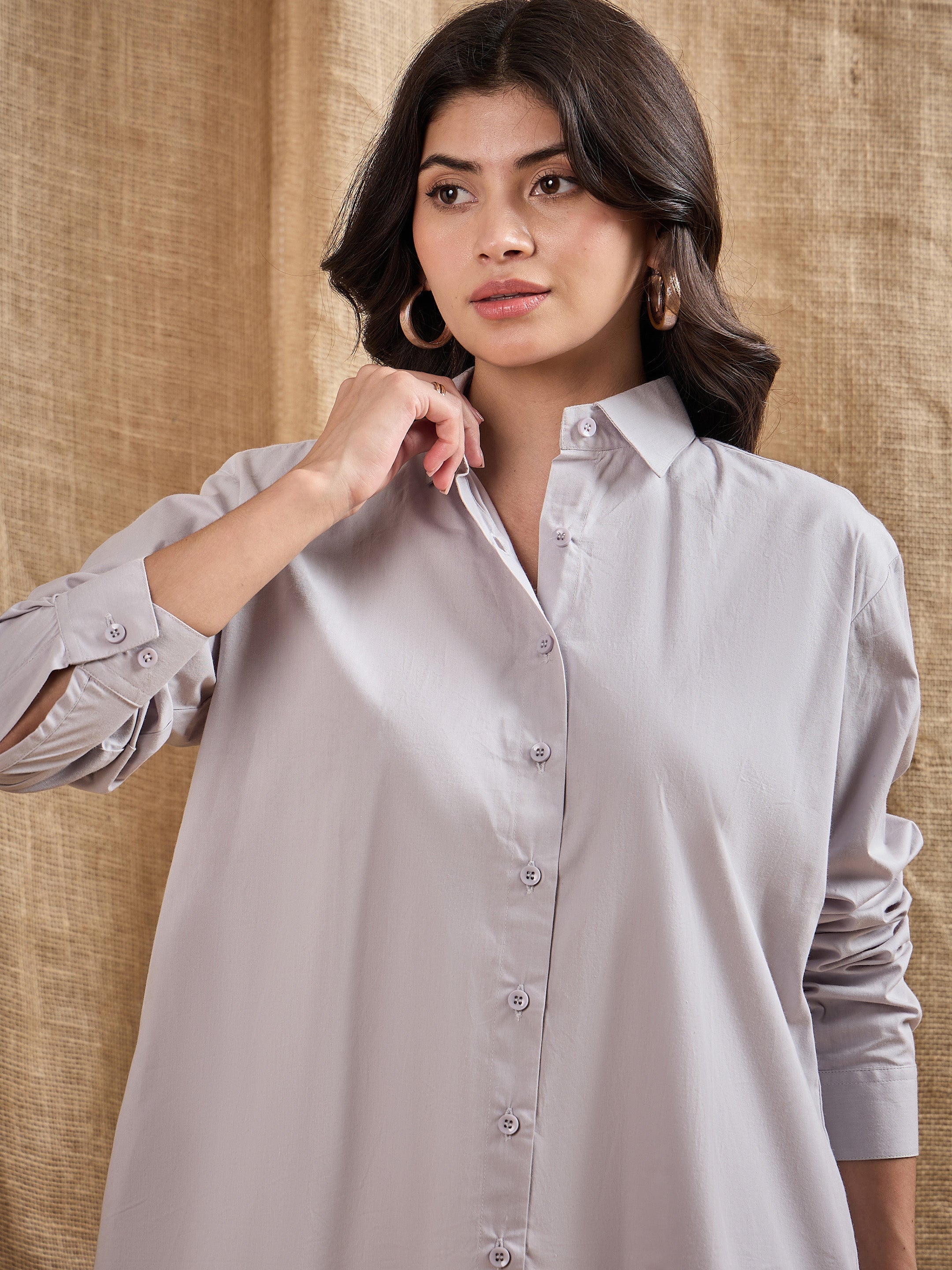 Women Grey Cotton Poplin Back Placket Shirt