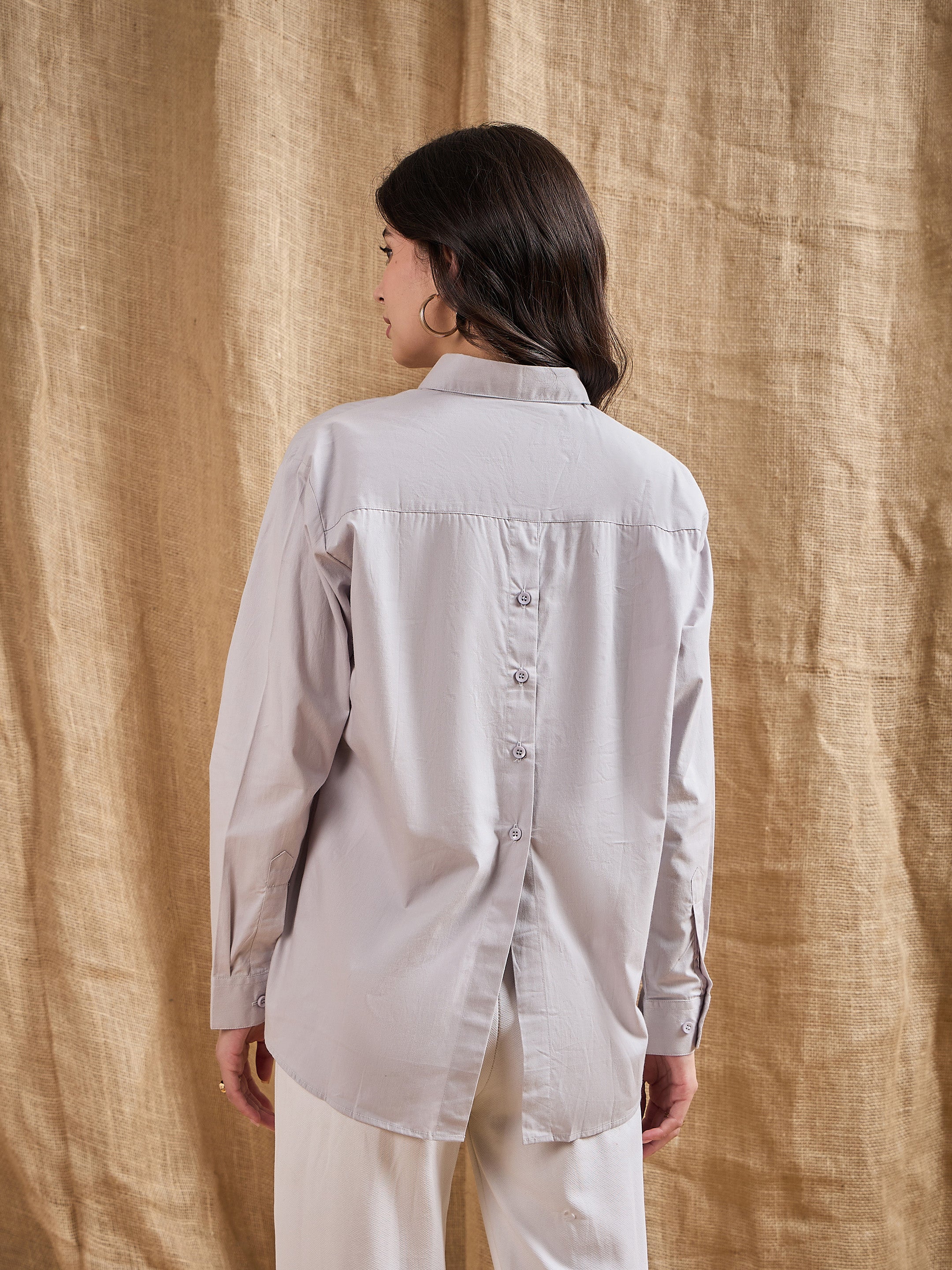 Women Grey Cotton Poplin Back Placket Shirt