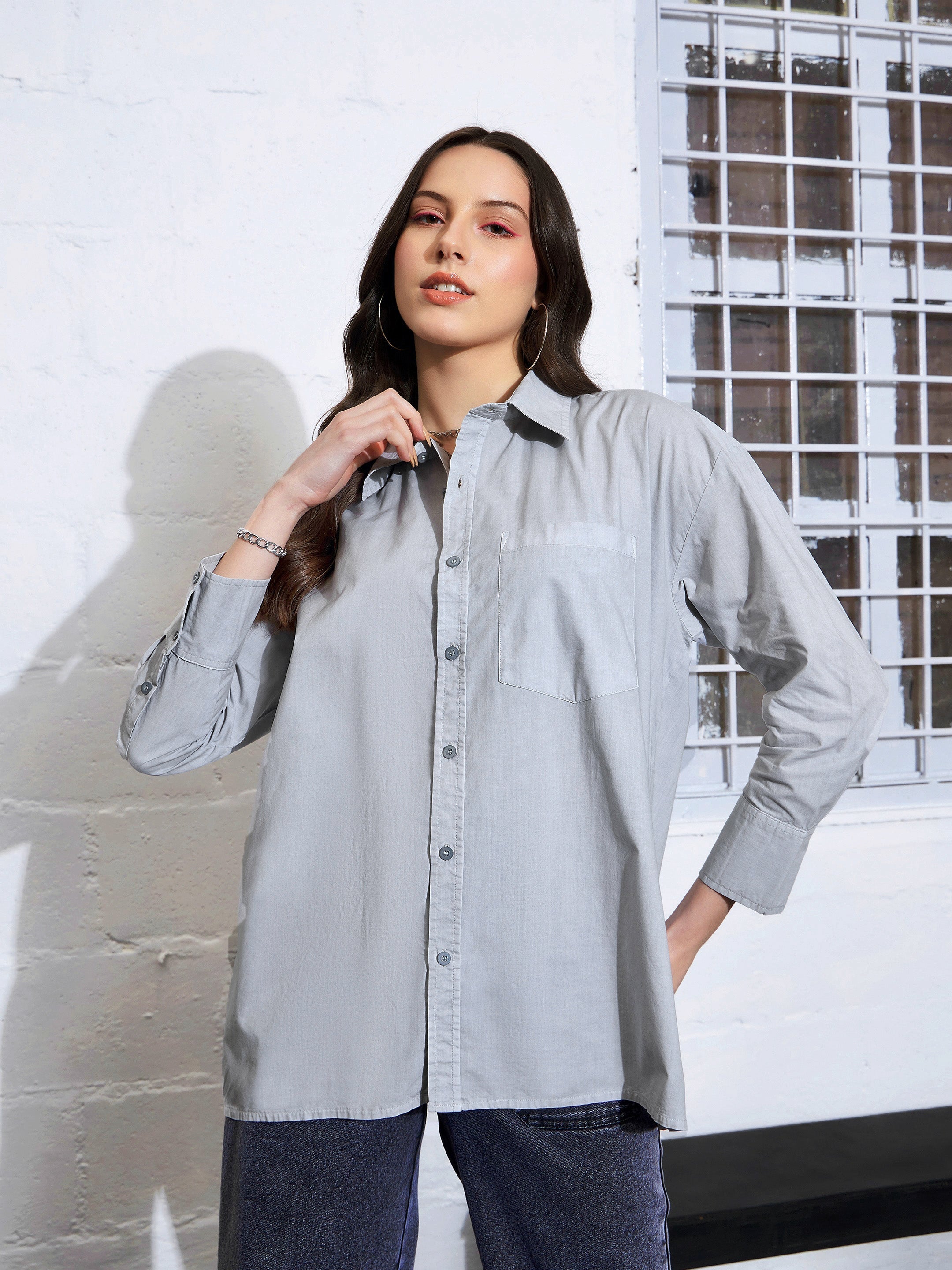 Women Grey Poplin Shirt