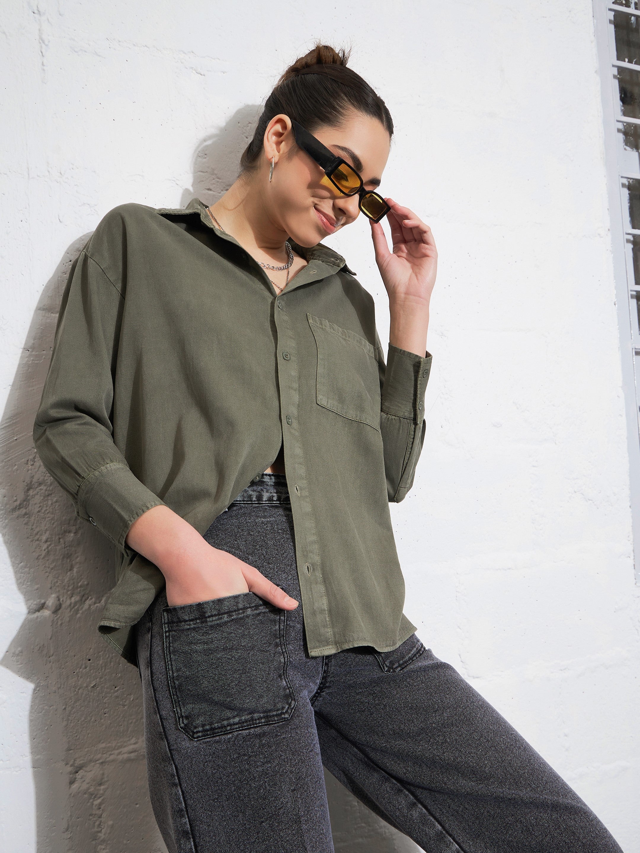 Women Olive Cotton Twill Oversized Shirt