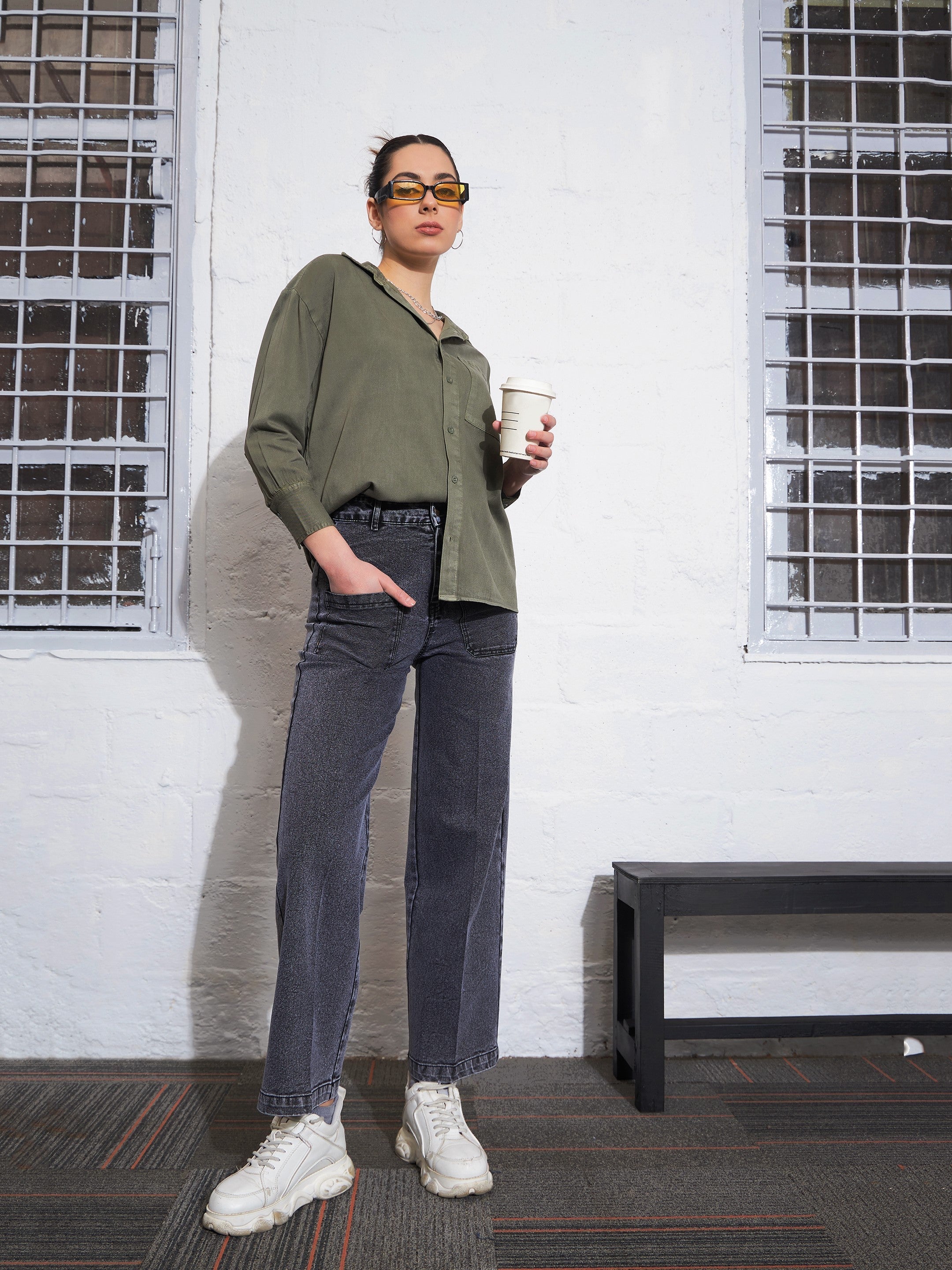 Women Olive Cotton Twill Oversized Shirt