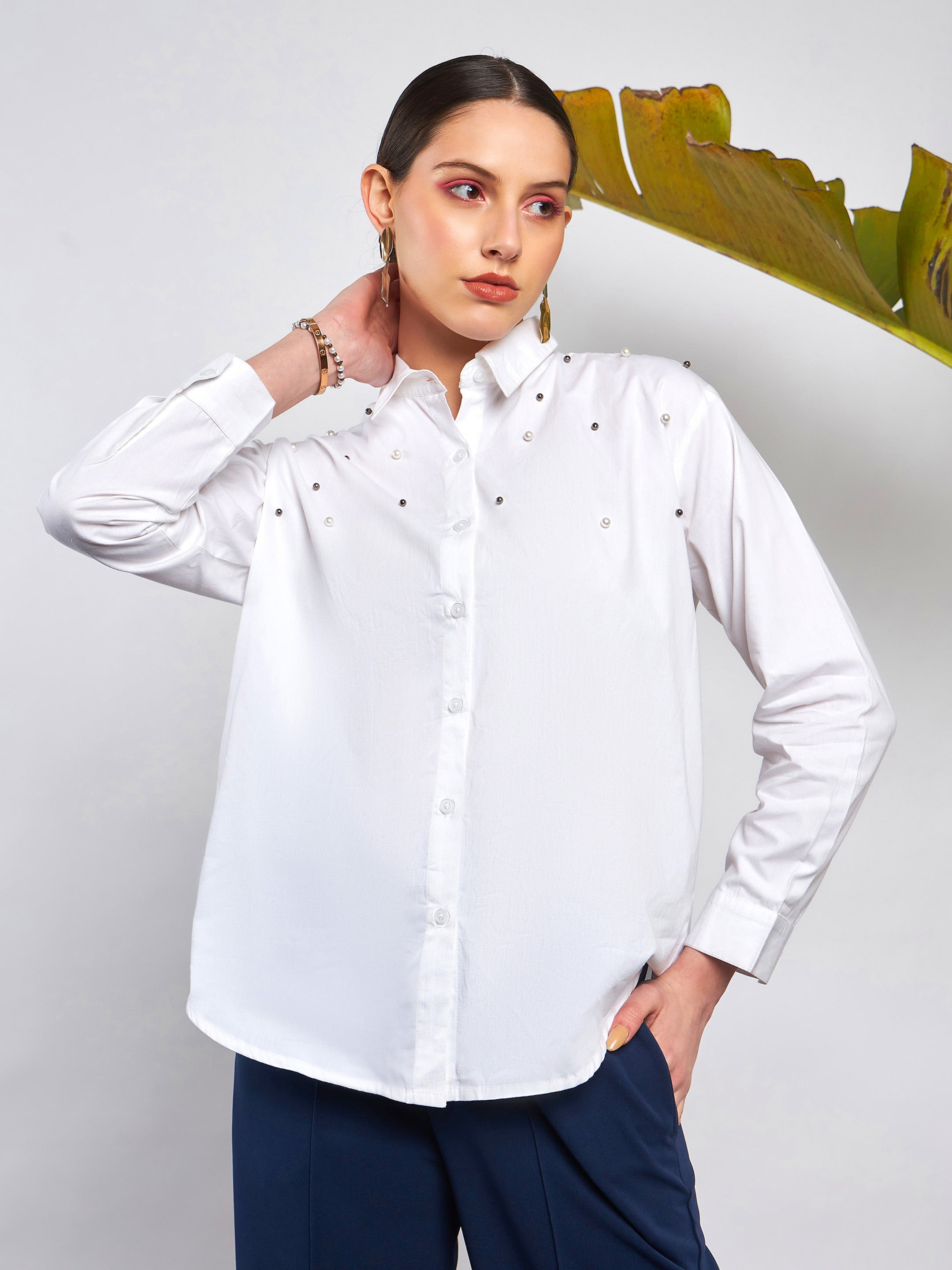 Women White Poplin Pearl Studded Shirt