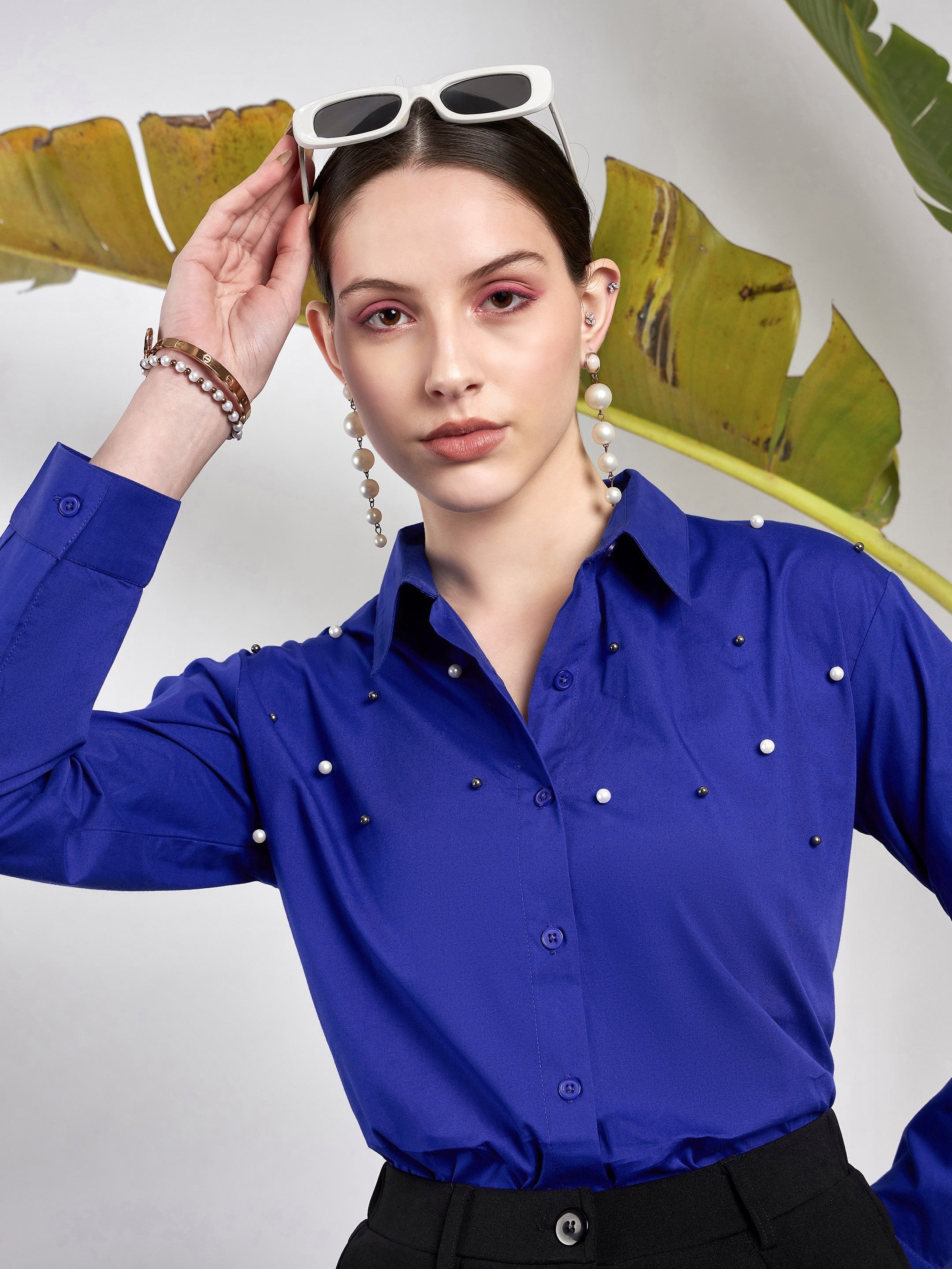 Women Royal Blue Poplin Pearl Studded Shirt