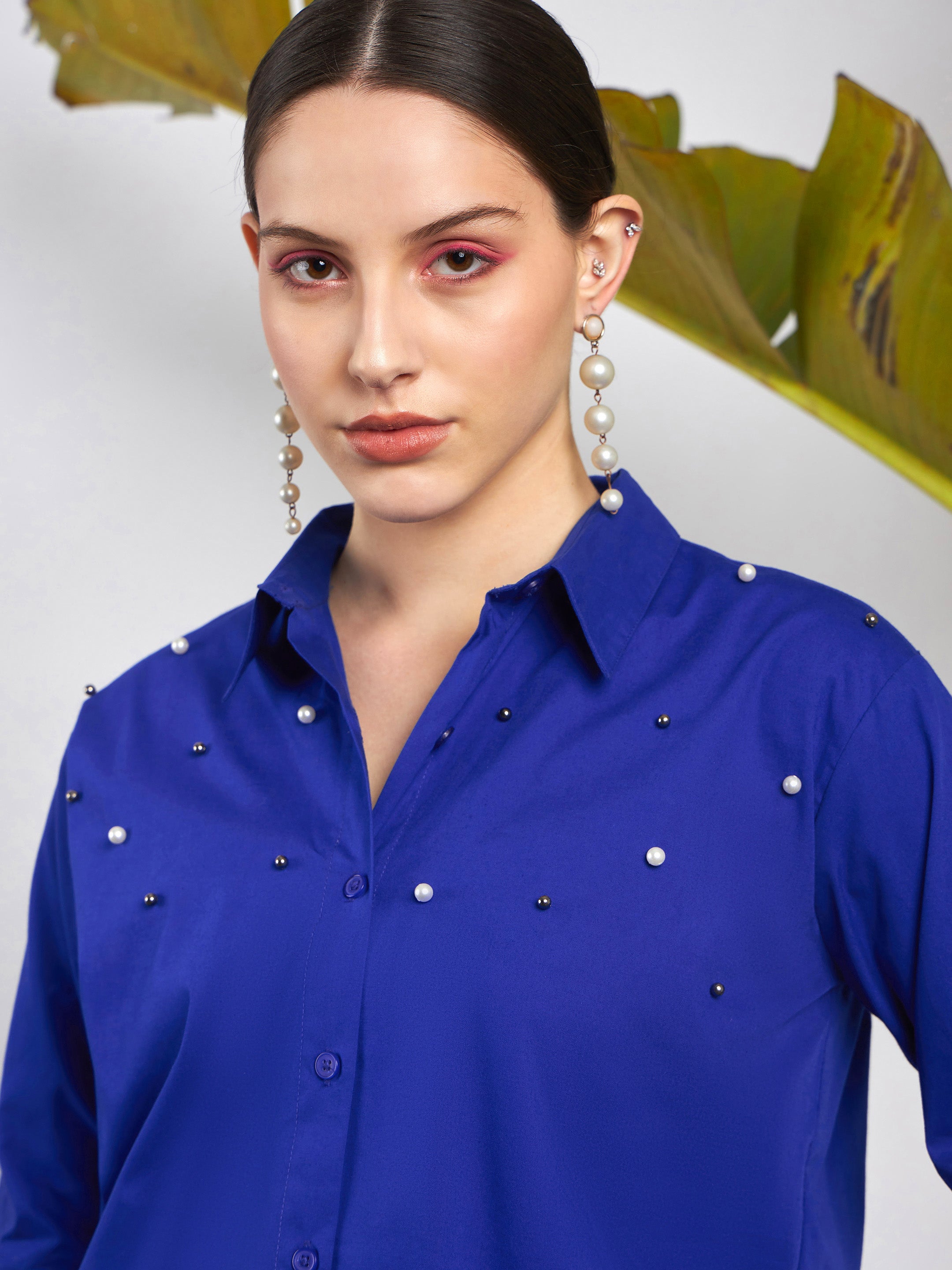 Women Royal Blue Poplin Pearl Studded Shirt