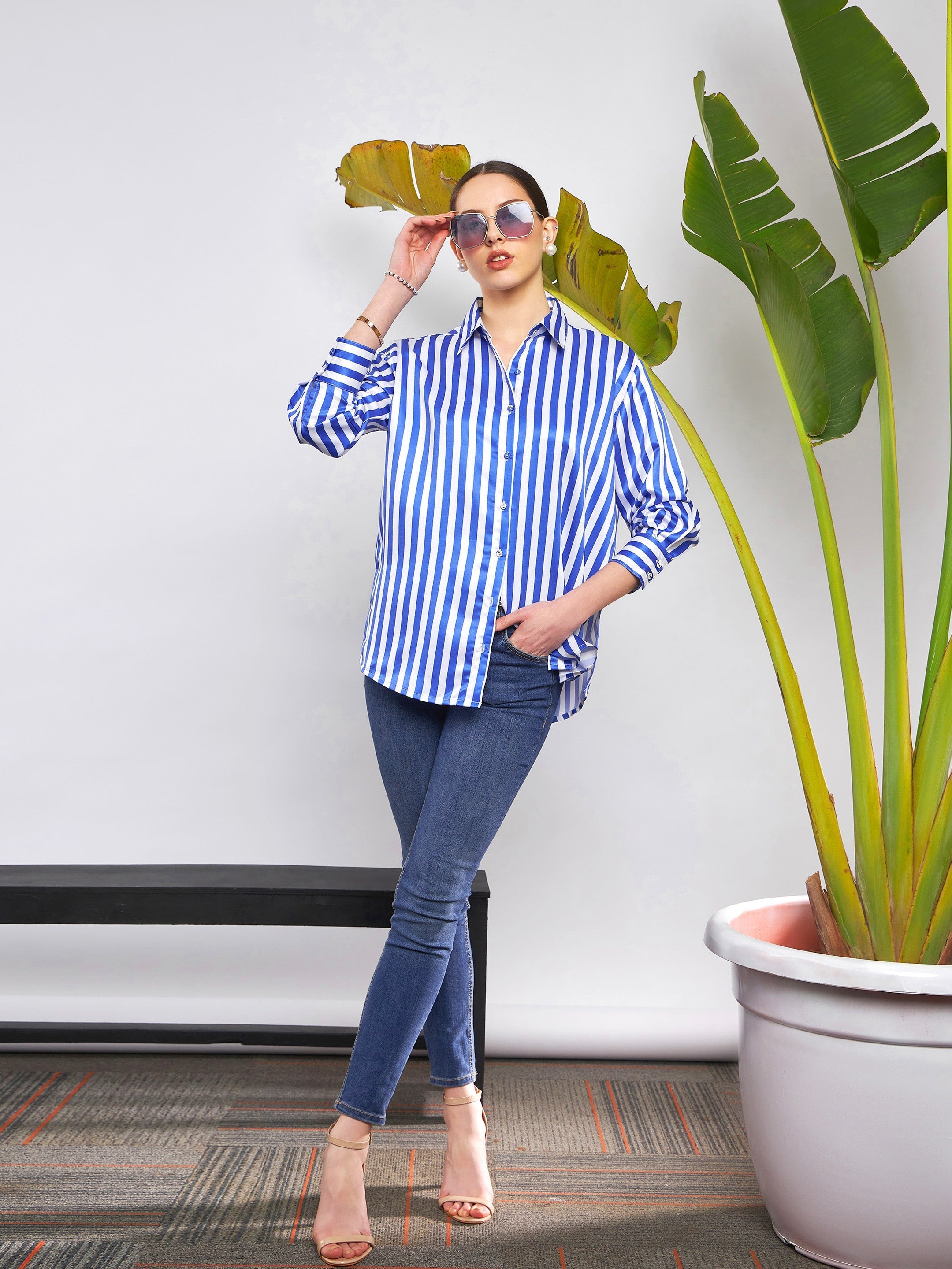 Women Blue & White Satin Striped Shirt