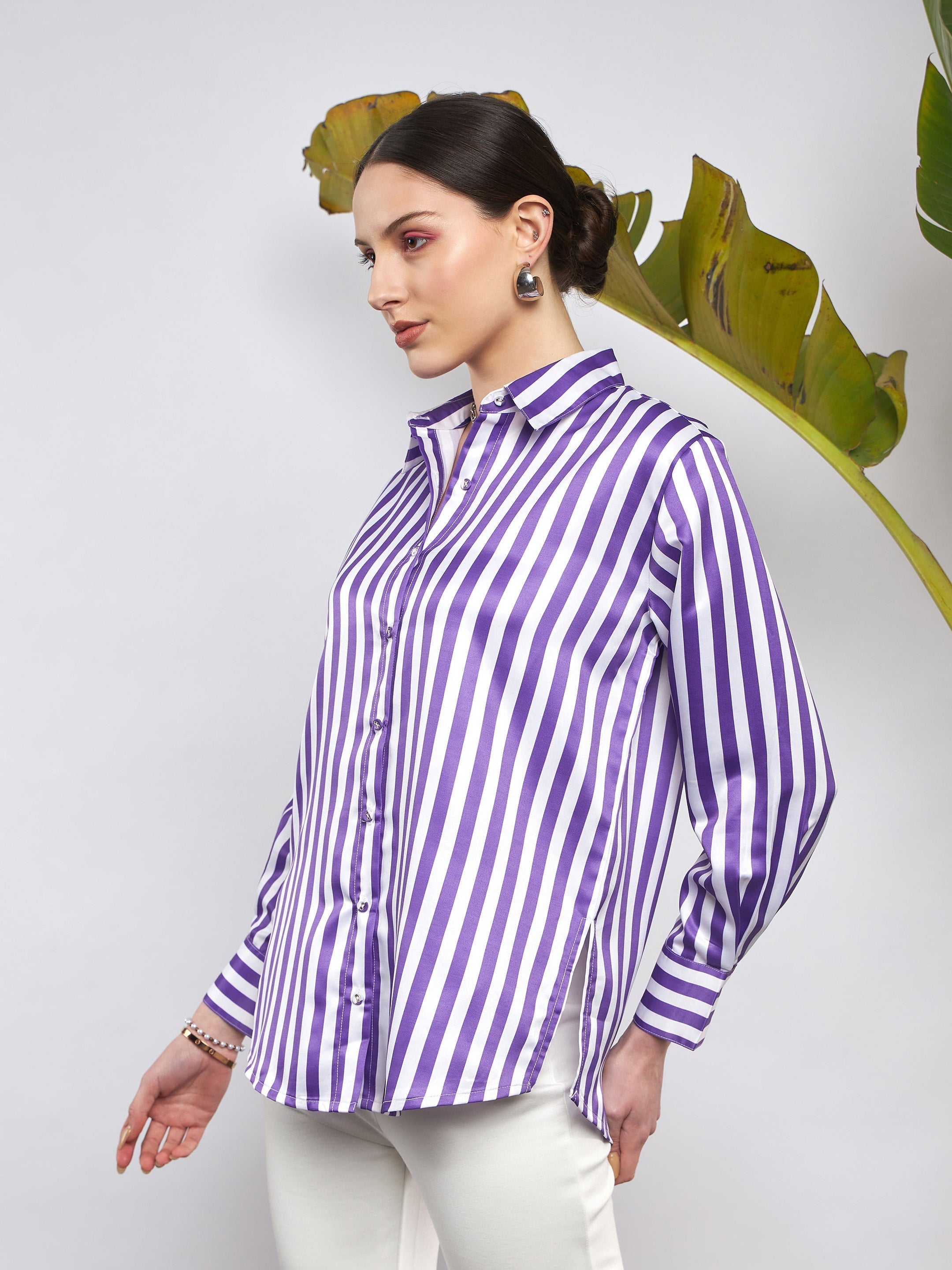 Women Purple & White Satin Striped Shirt