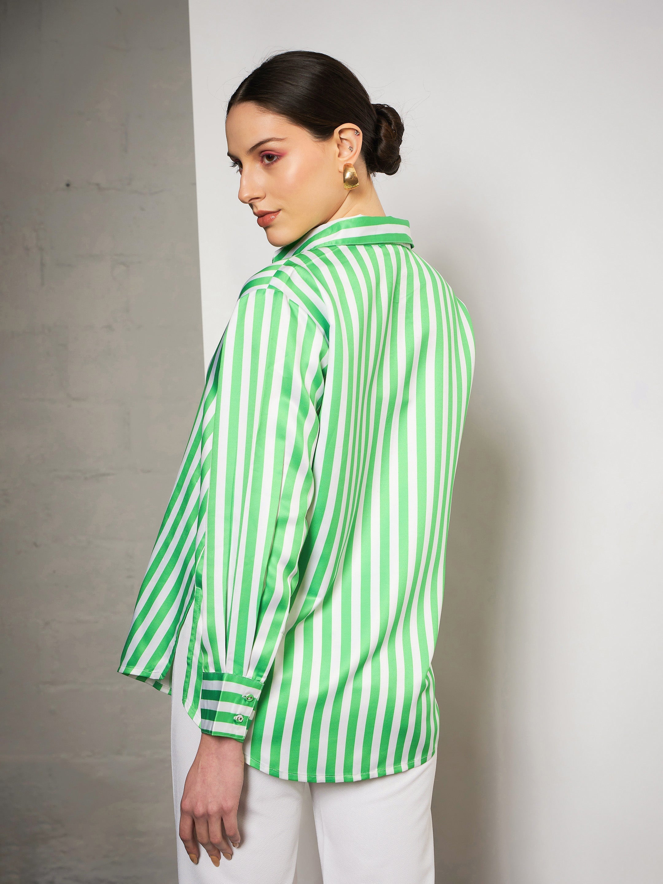 Women Green & White Satin Striped Shirt