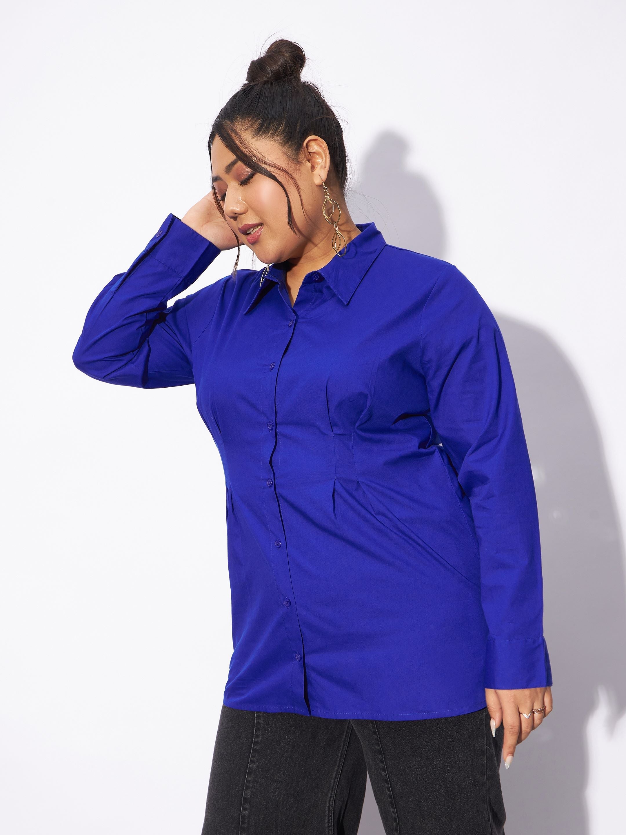 Women Royal Blue Poplin Pleated Slim Waist Shirt