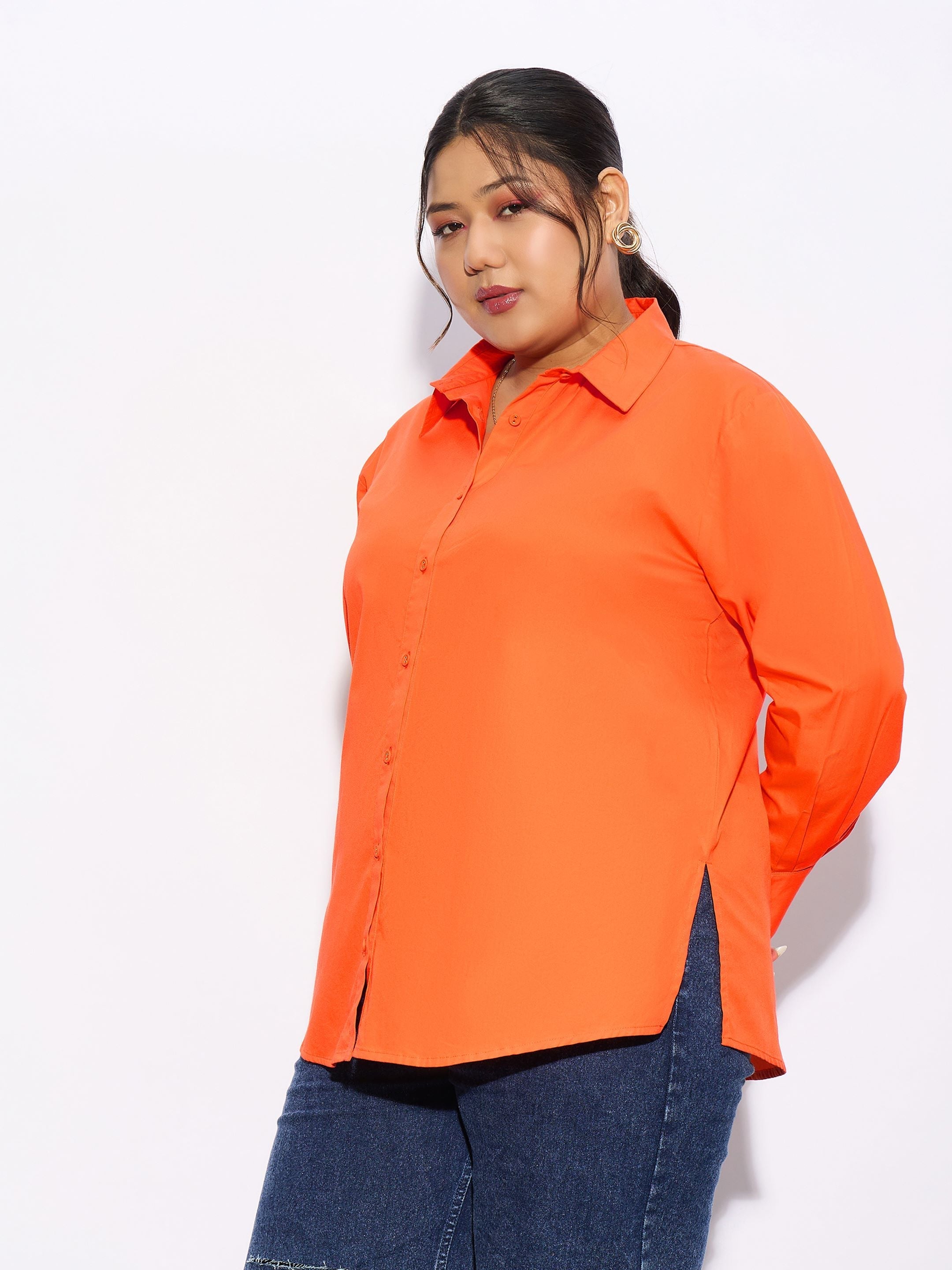 Women Orange Poplin Shirt