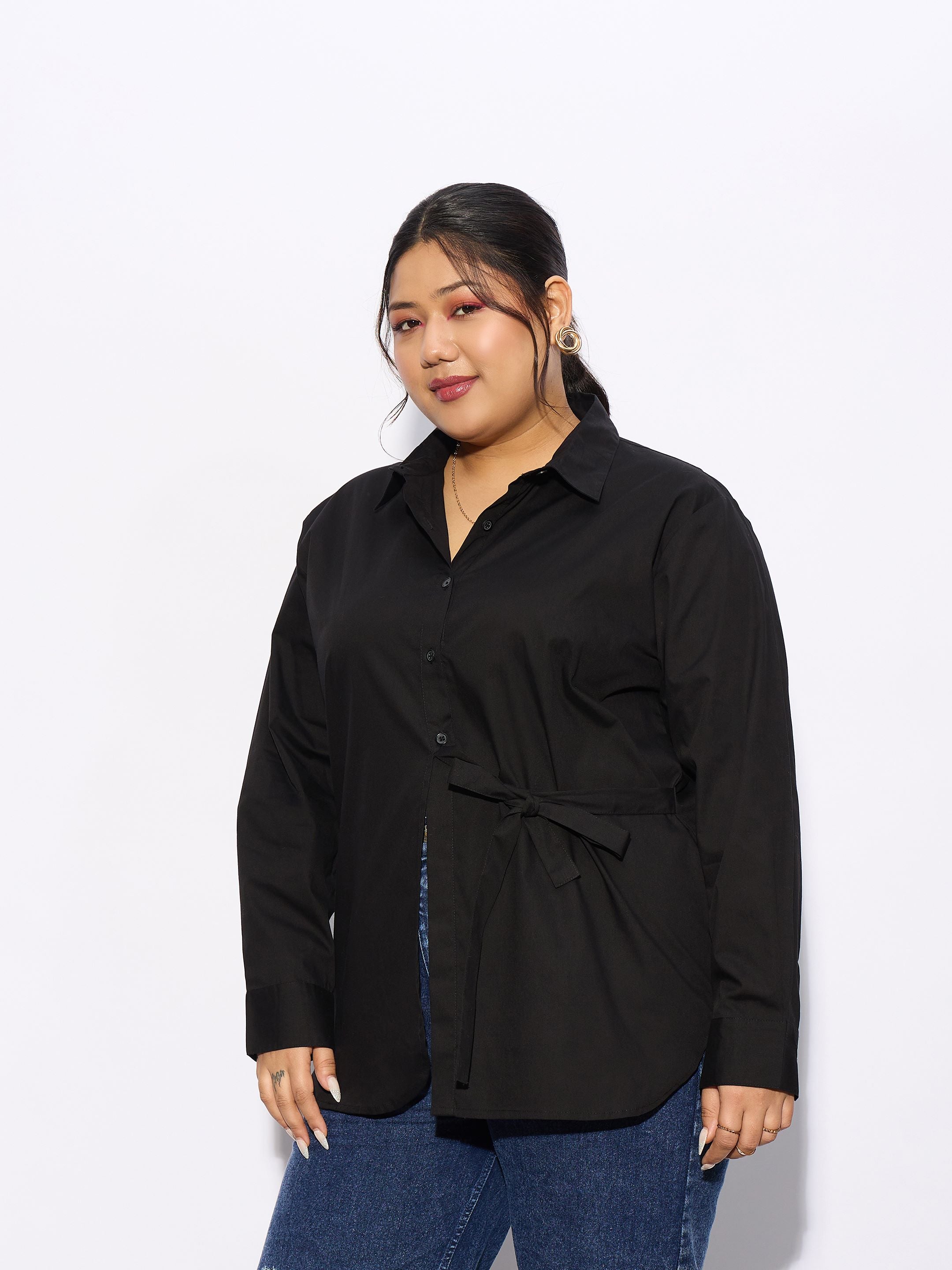 Women Black Poplin Tie Up Shirt