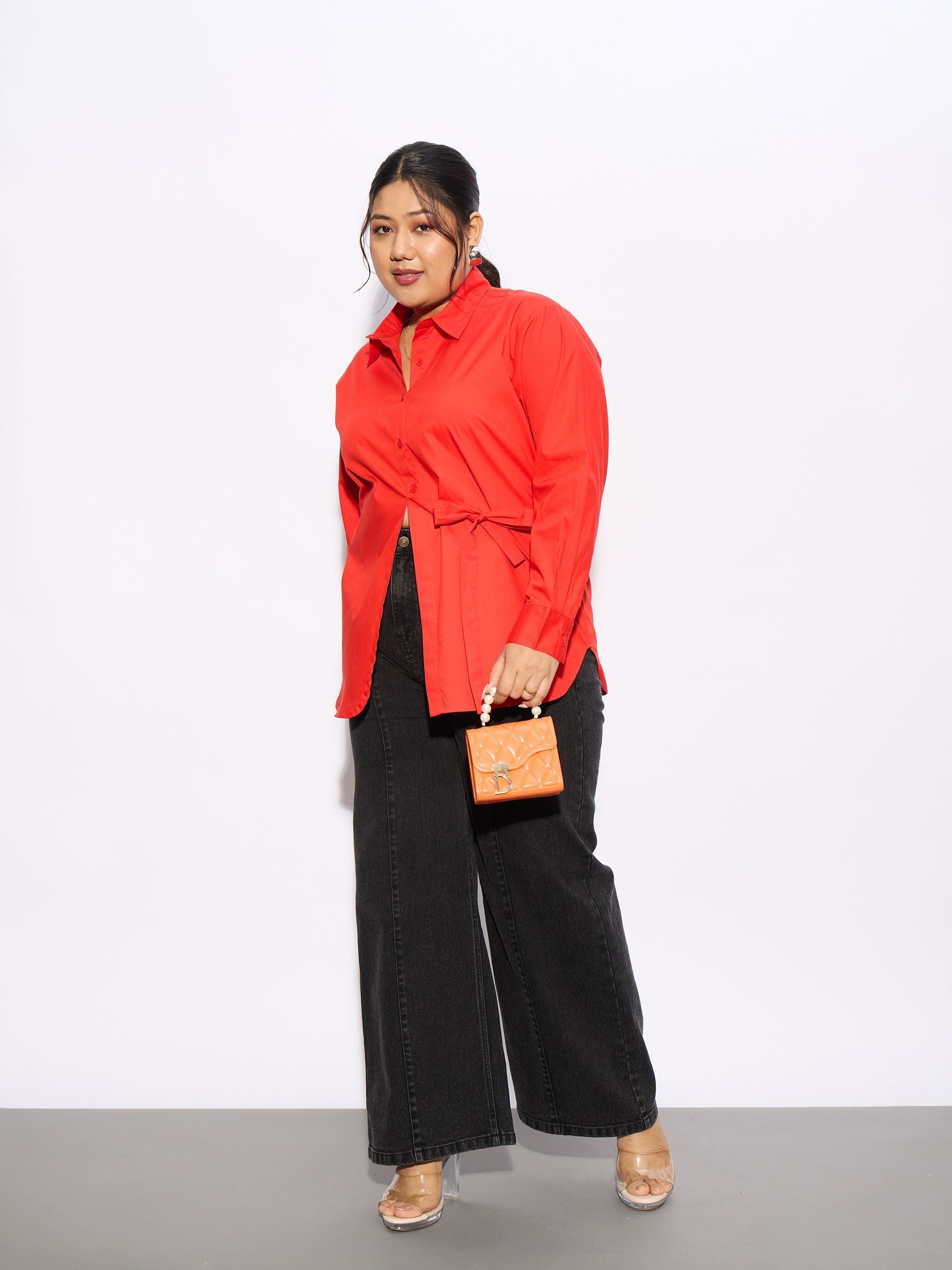 Women Red Poplin Tie Up Shirt