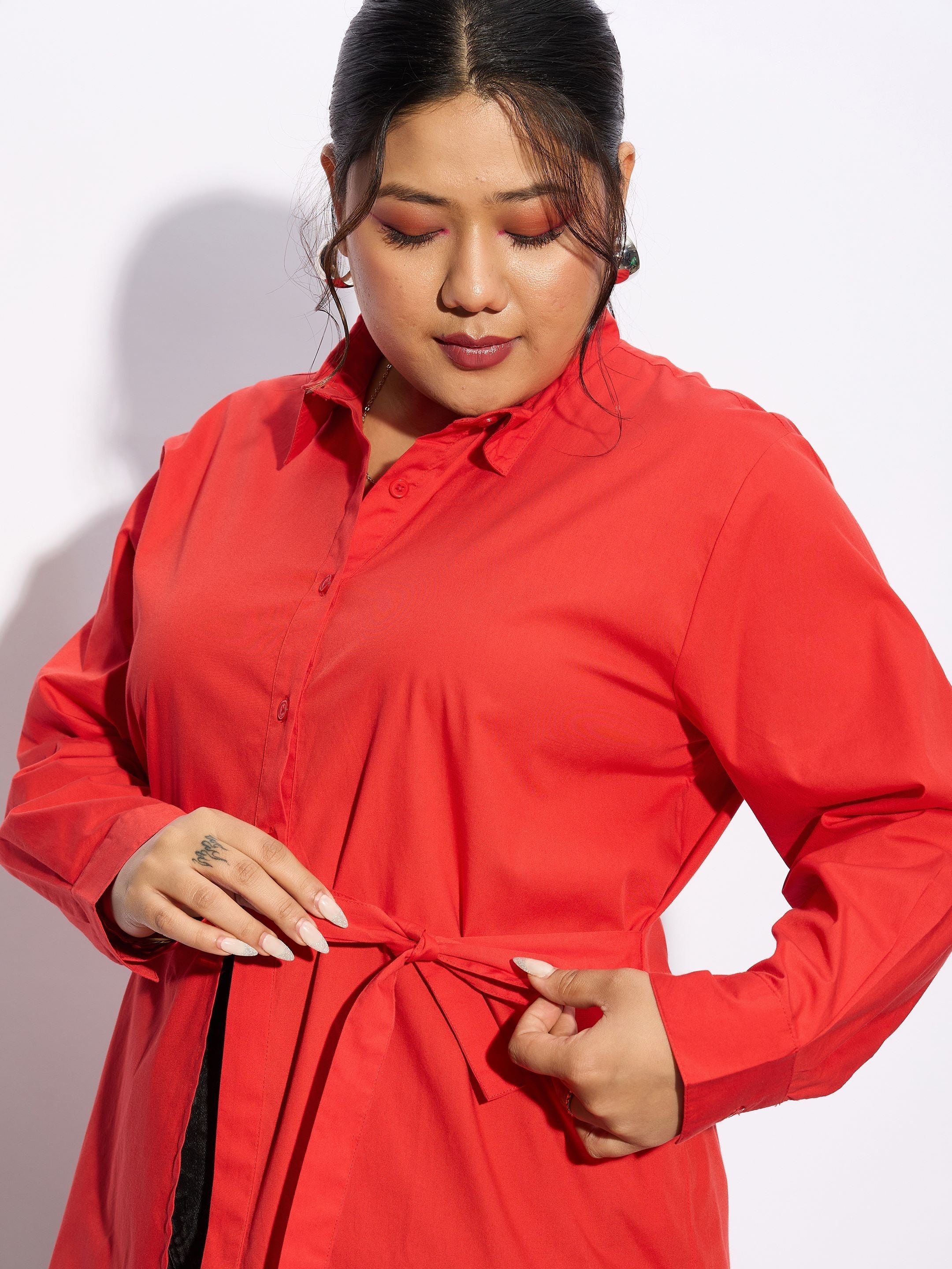 Women Red Poplin Tie Up Shirt