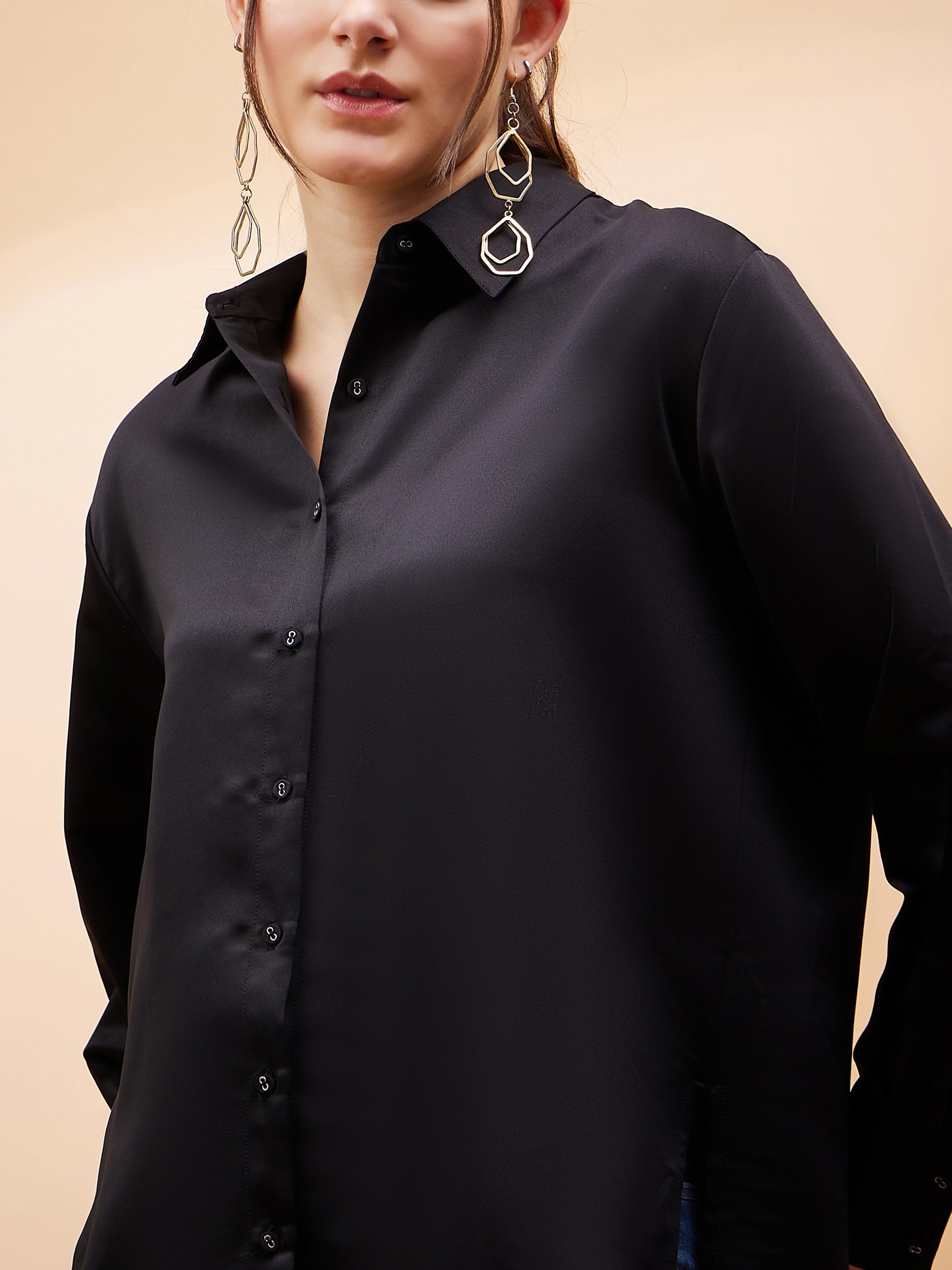 Women Black Solid Satin Regular Shirt