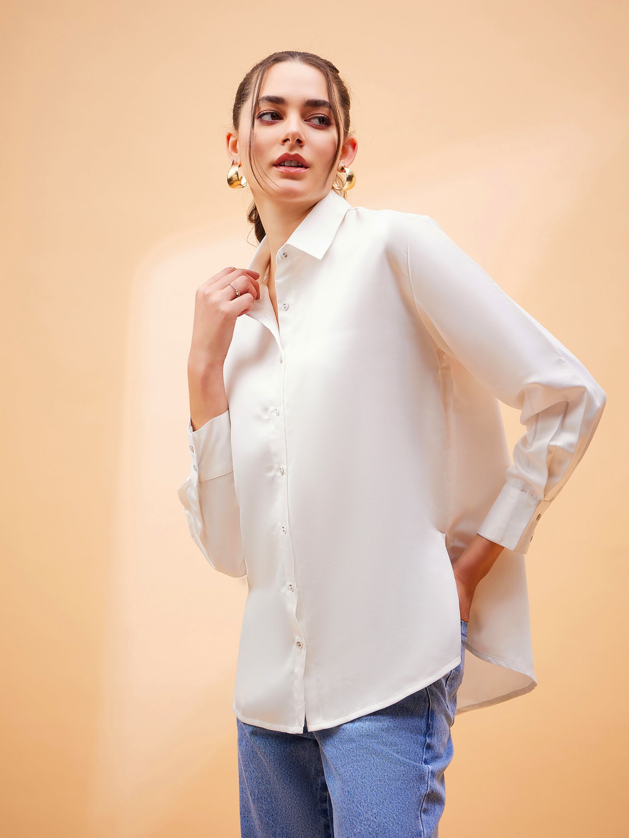 Women White Solid Satin Regular Shirt