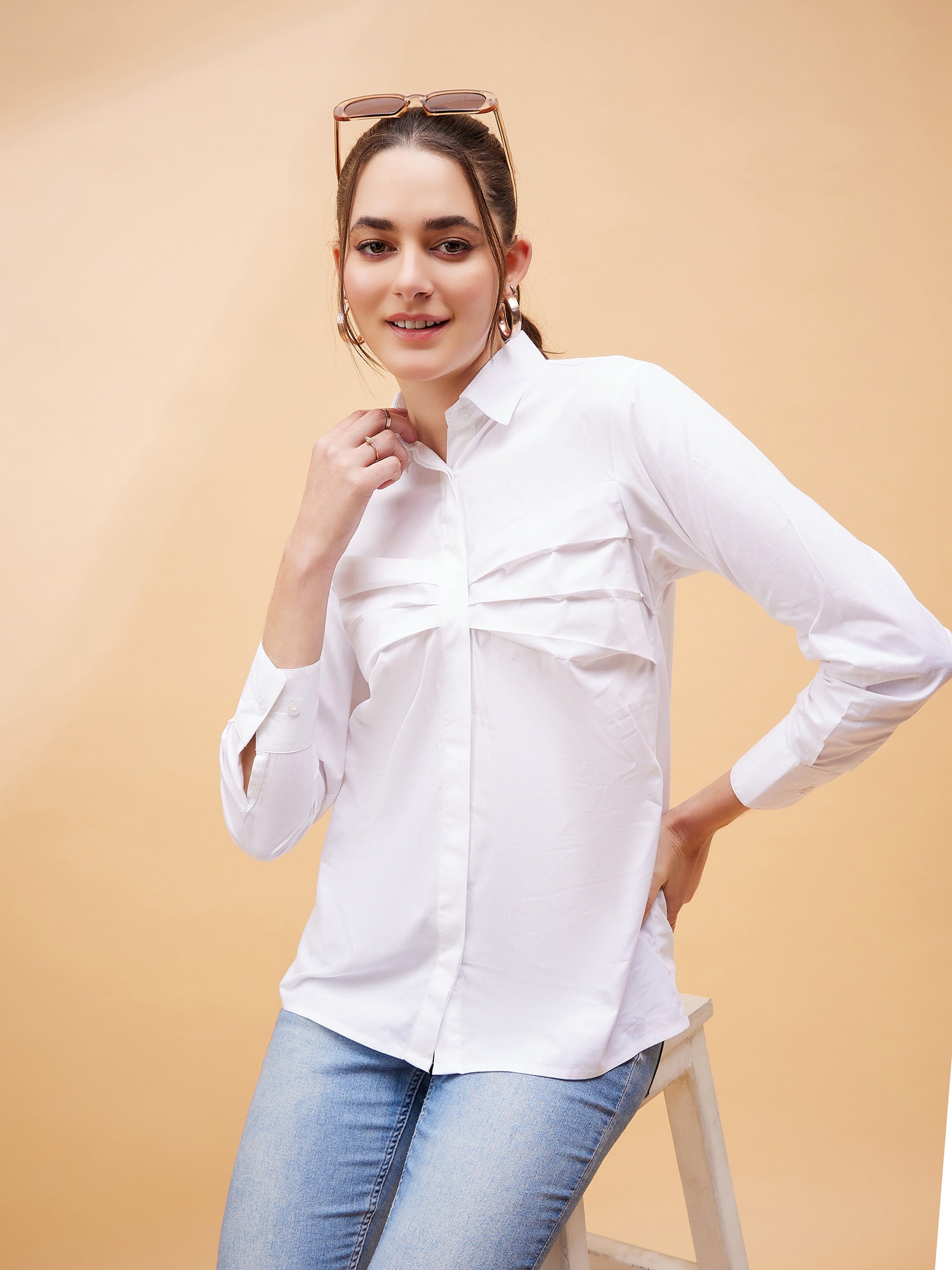 Women White Pleated Detail Shirt