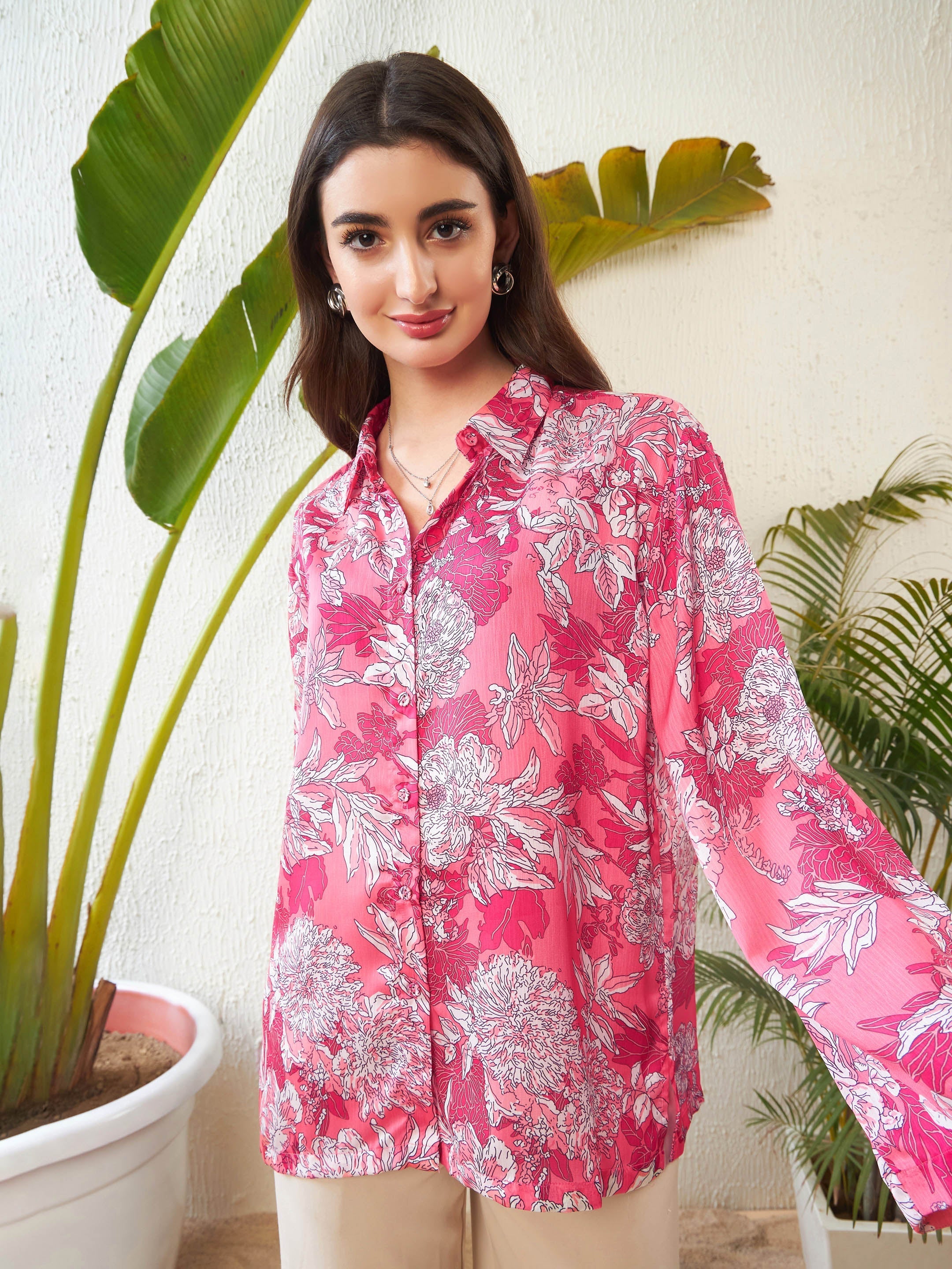 Women Pink Floral Oversize Shirt