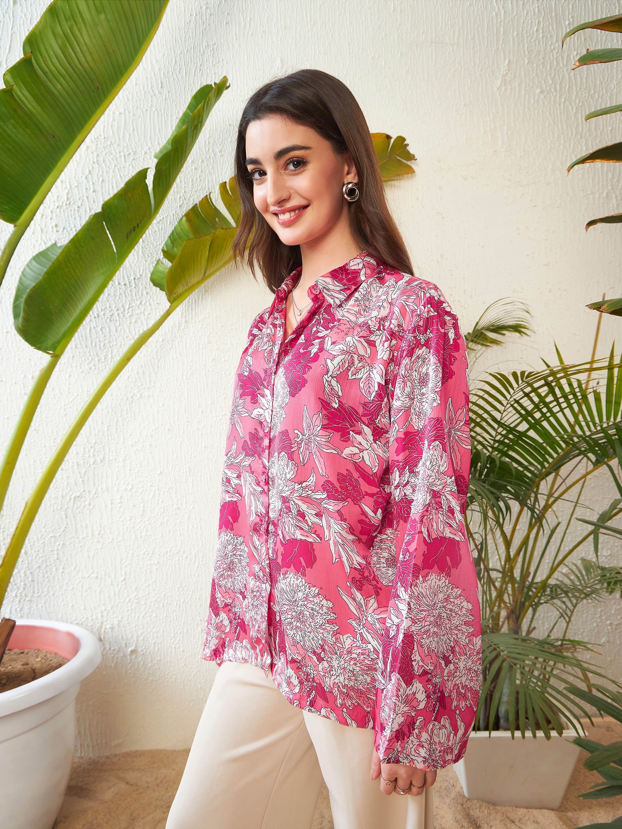 Women Pink Floral Oversize Shirt