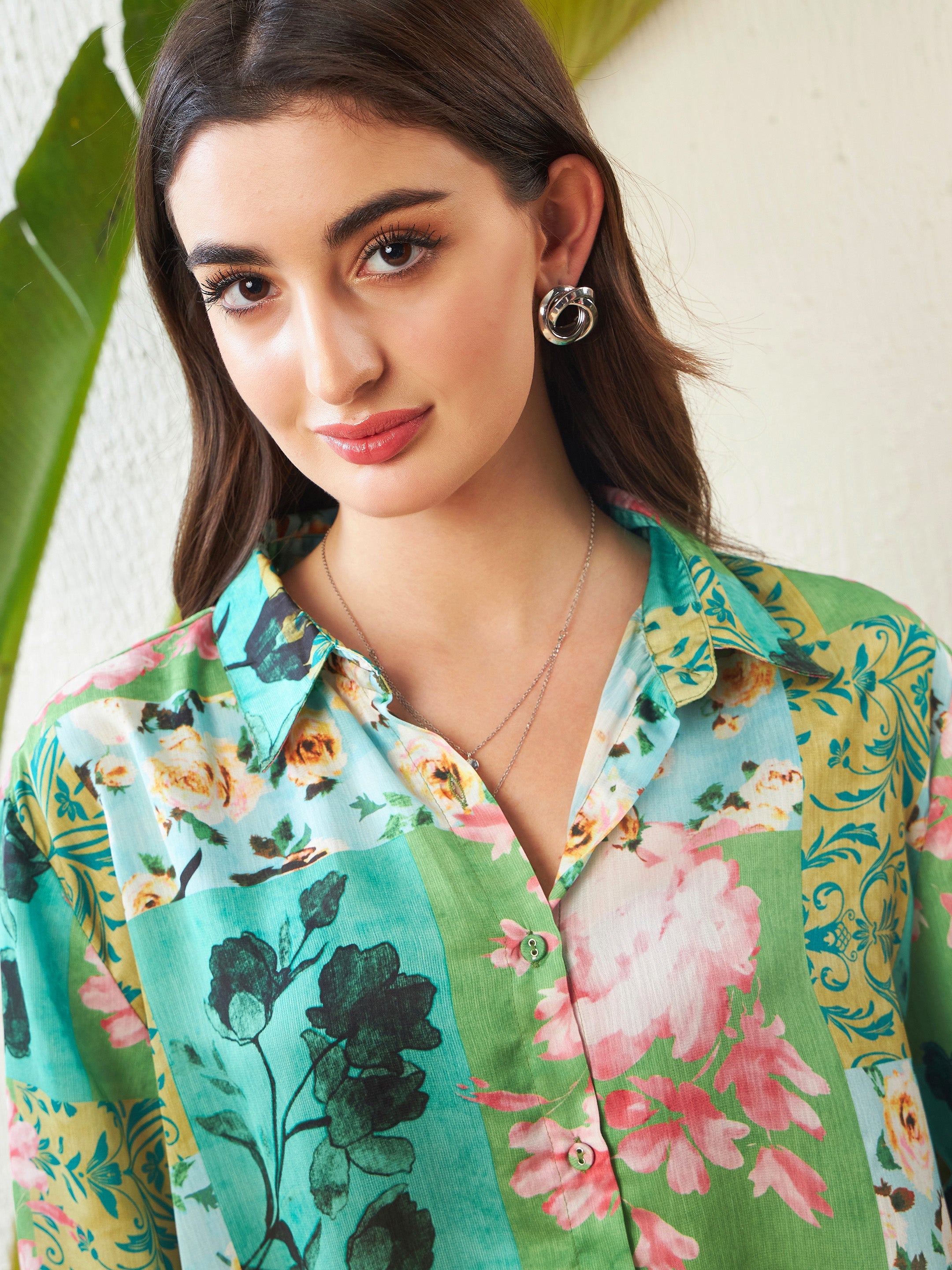 Women Green Placement Floral Oversize Shirt