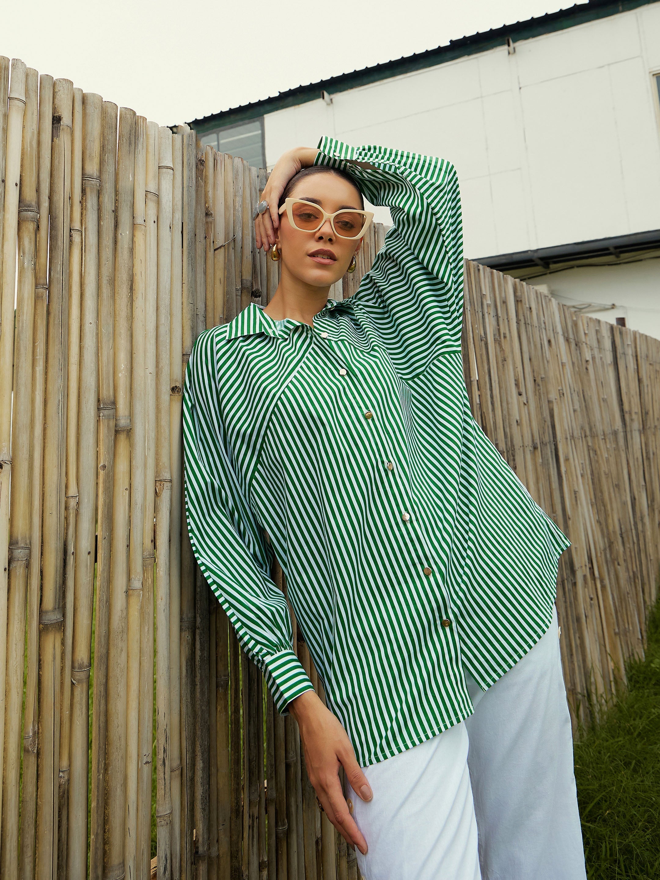 Women Green & White Stripe Oversized Shirt