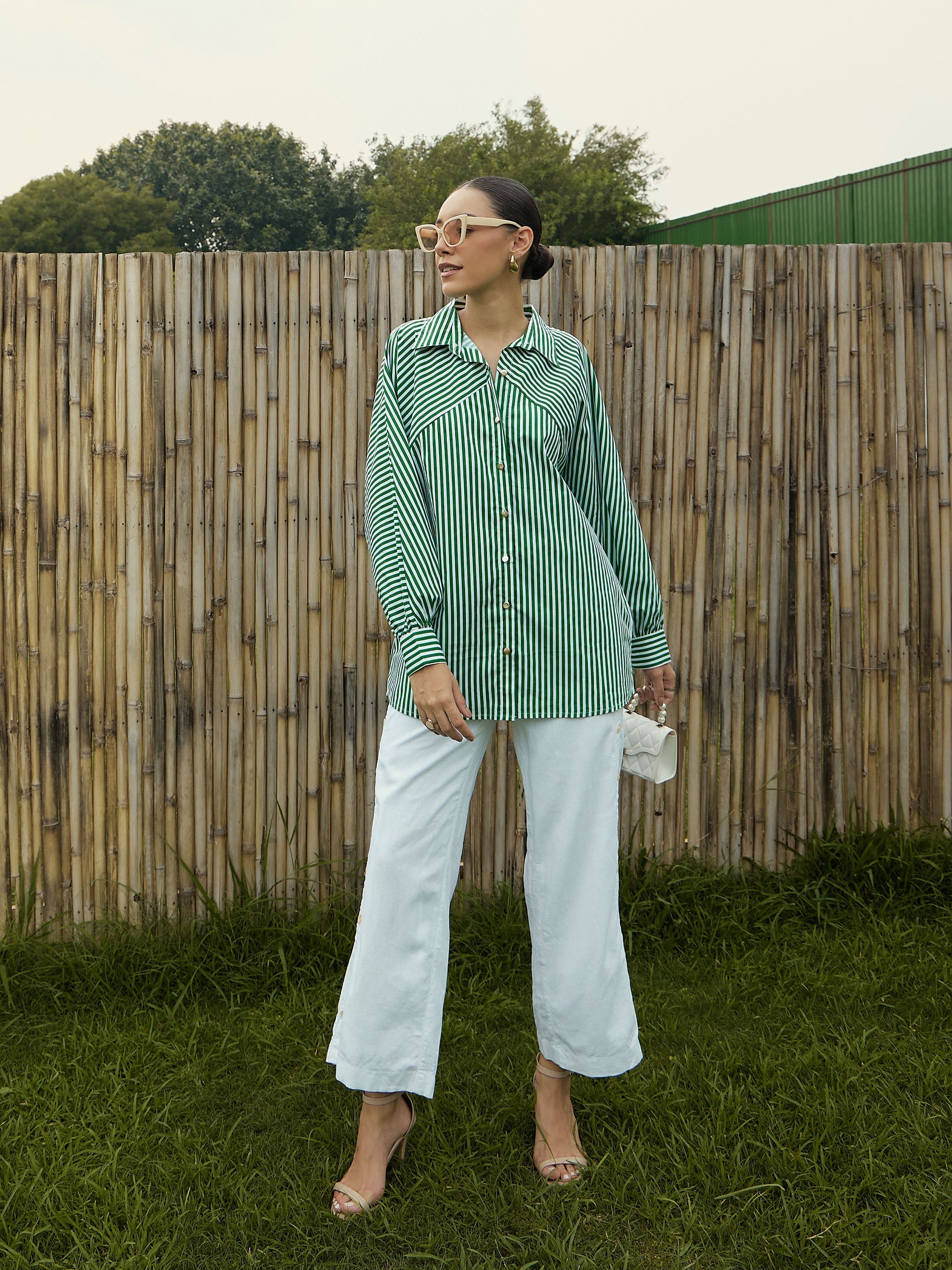 Women Green & White Stripe Oversized Shirt