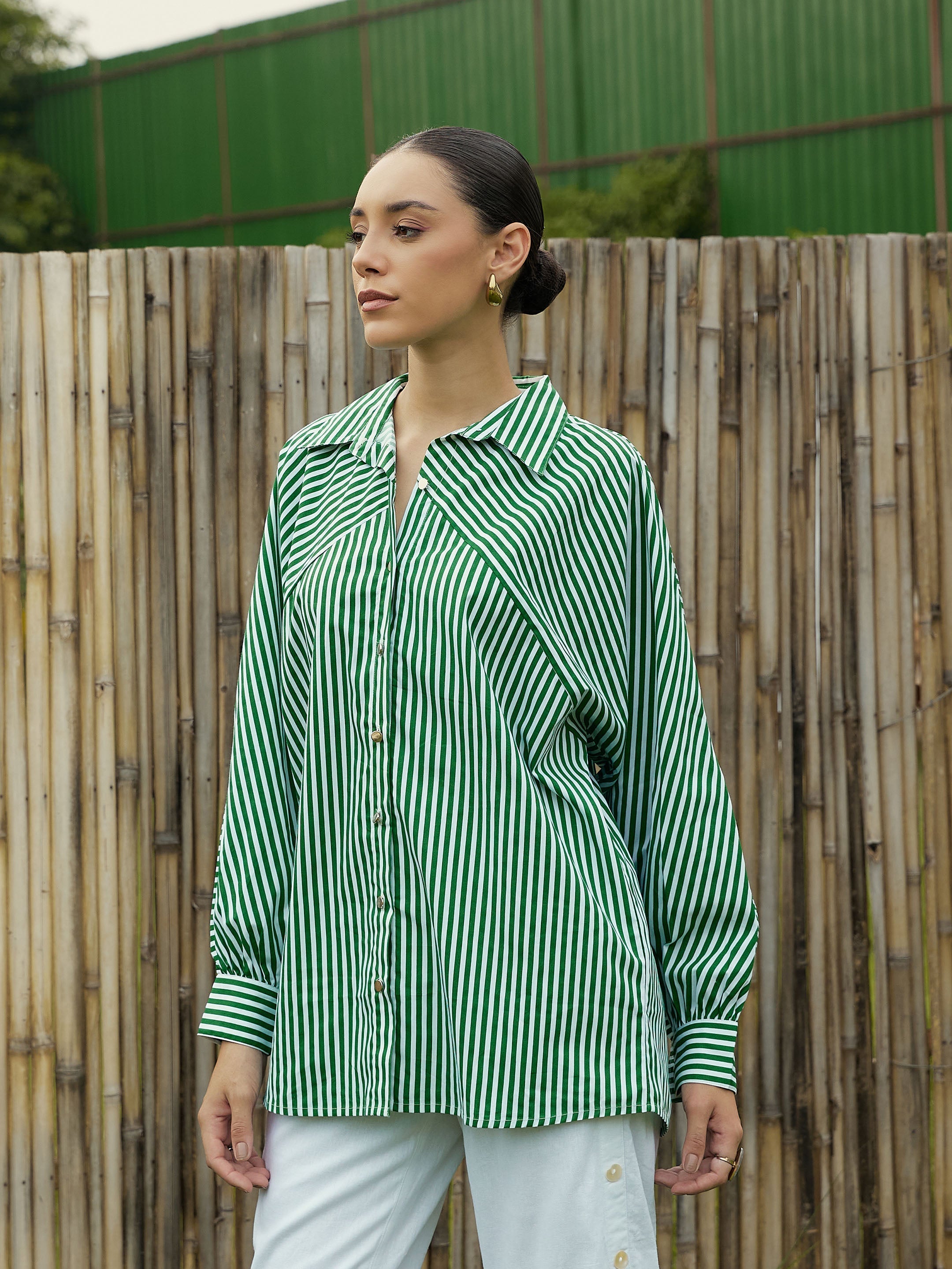 Women Green & White Stripe Oversized Shirt