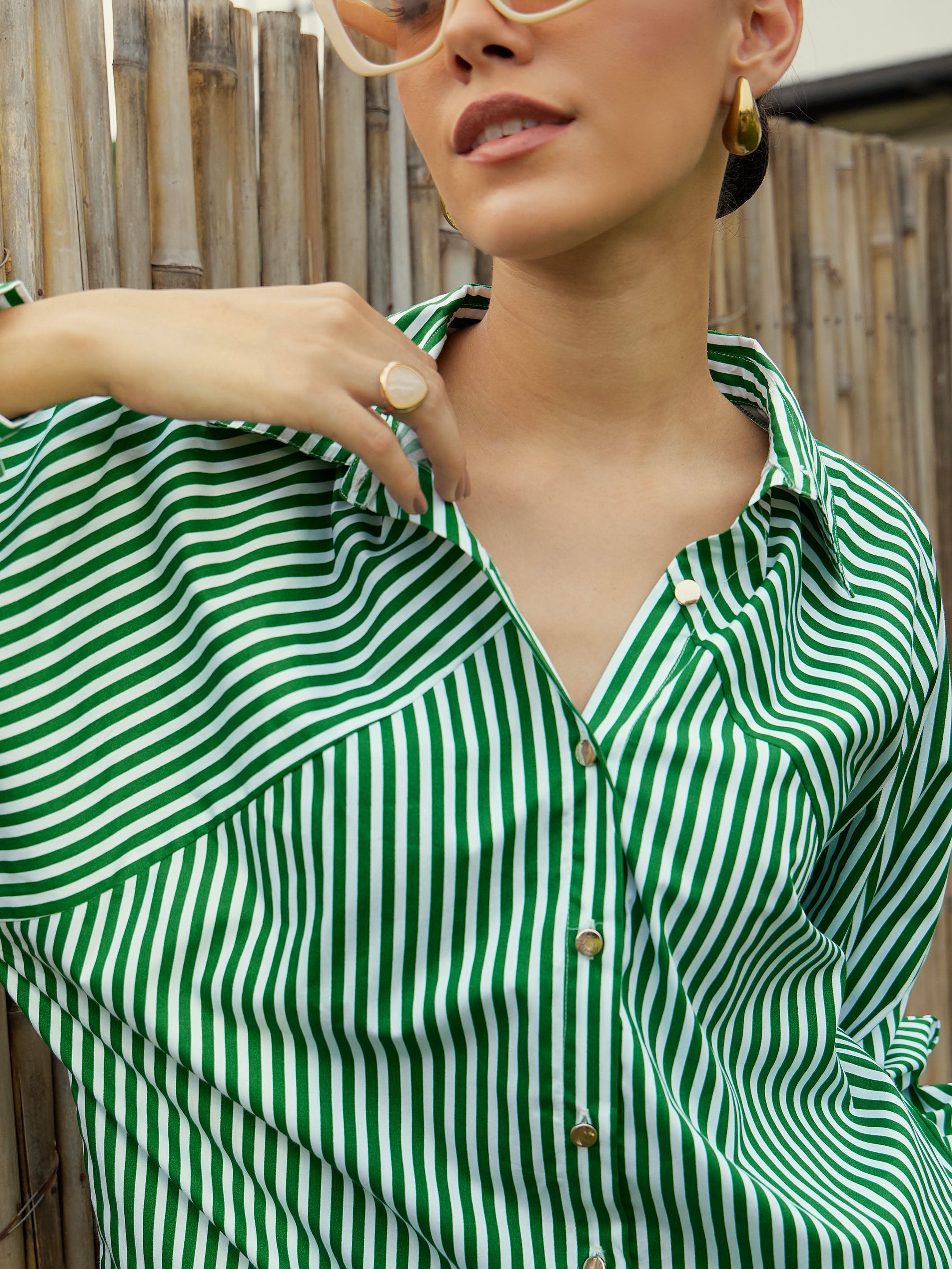 Women Green & White Stripe Oversized Shirt